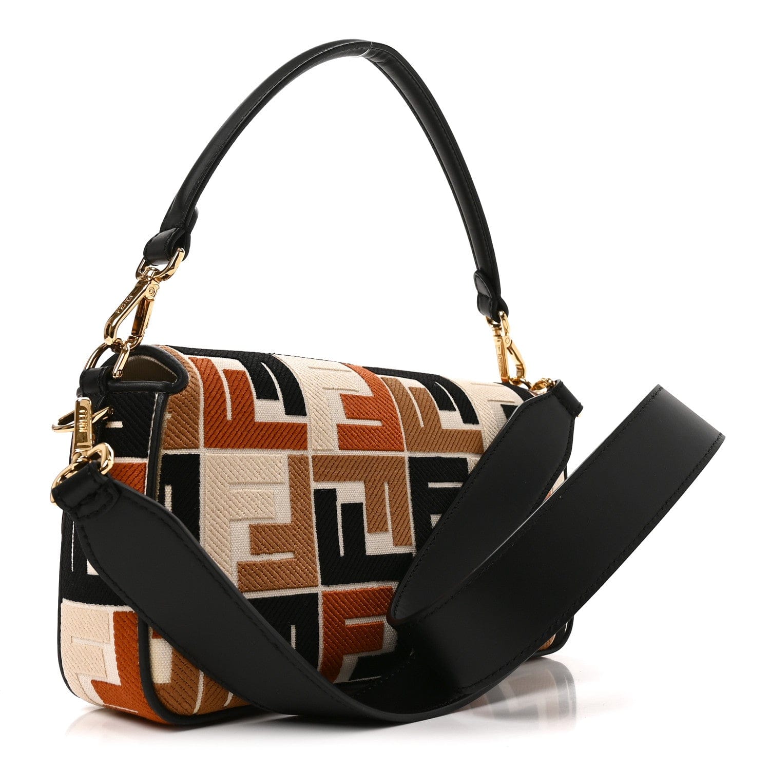 Fendi Canvas Vitello Seta FF Embroidered Baguette Brandy Black