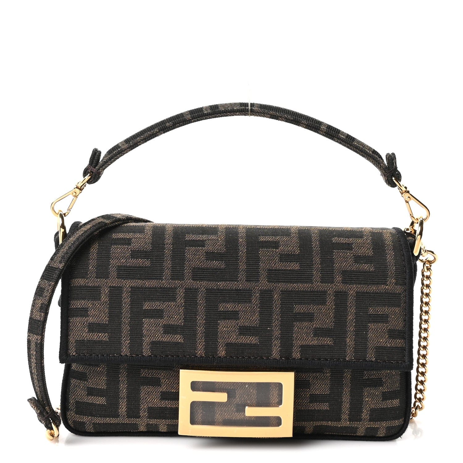 Fendi Fabric Jacquard FF 1974 Mini Baguette Tobacco Moro Black