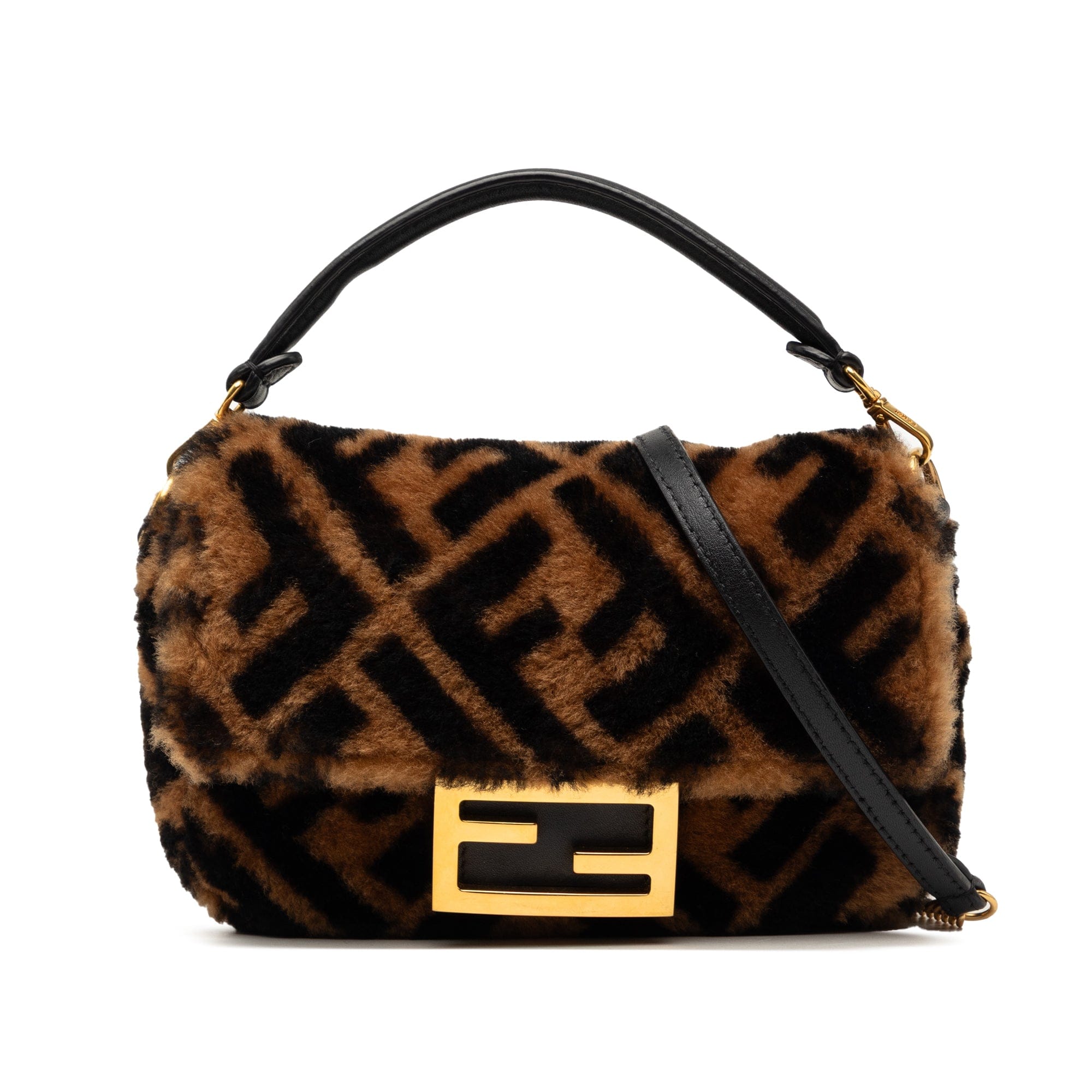Fendi Mini Zucca Shearling Chain Baguette Satchel