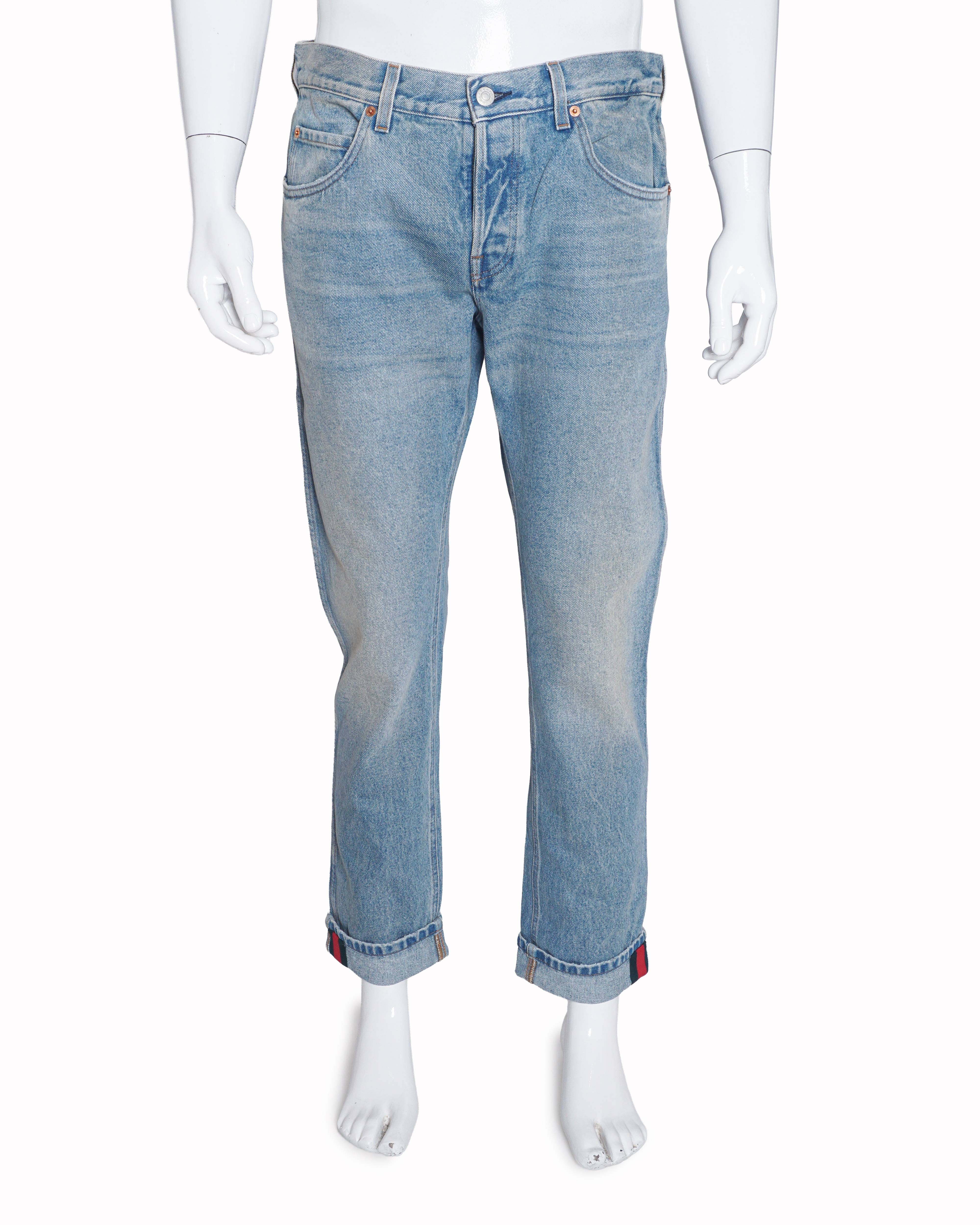 Gucci Men's Light Blue Web Stripe Selvedge Denim Jeans