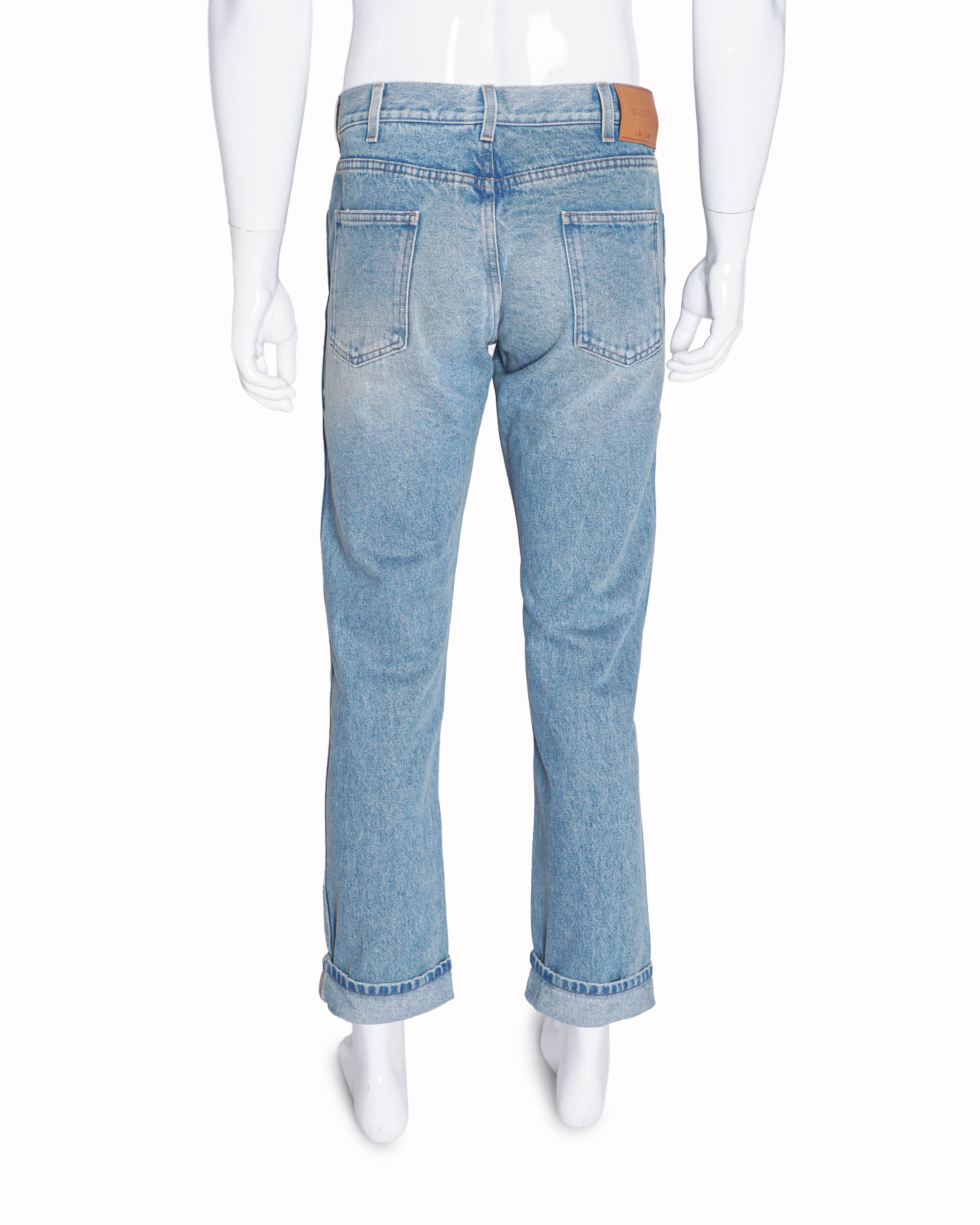 Gucci Men's Light Blue Web Stripe Selvedge Denim Jeans