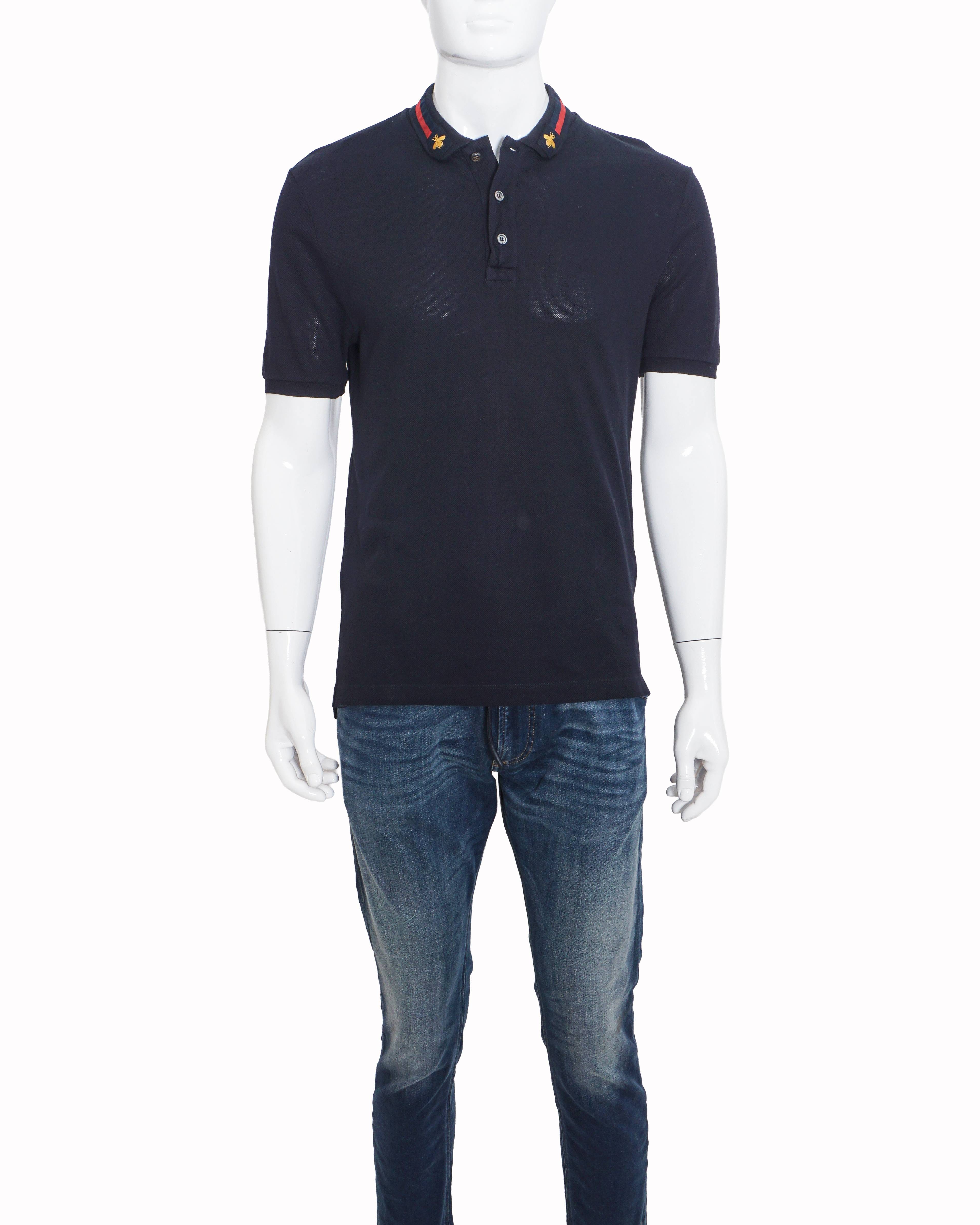 Gucci Navy Blue Web Stripe & Embroidered Bee Polo T - Shirt