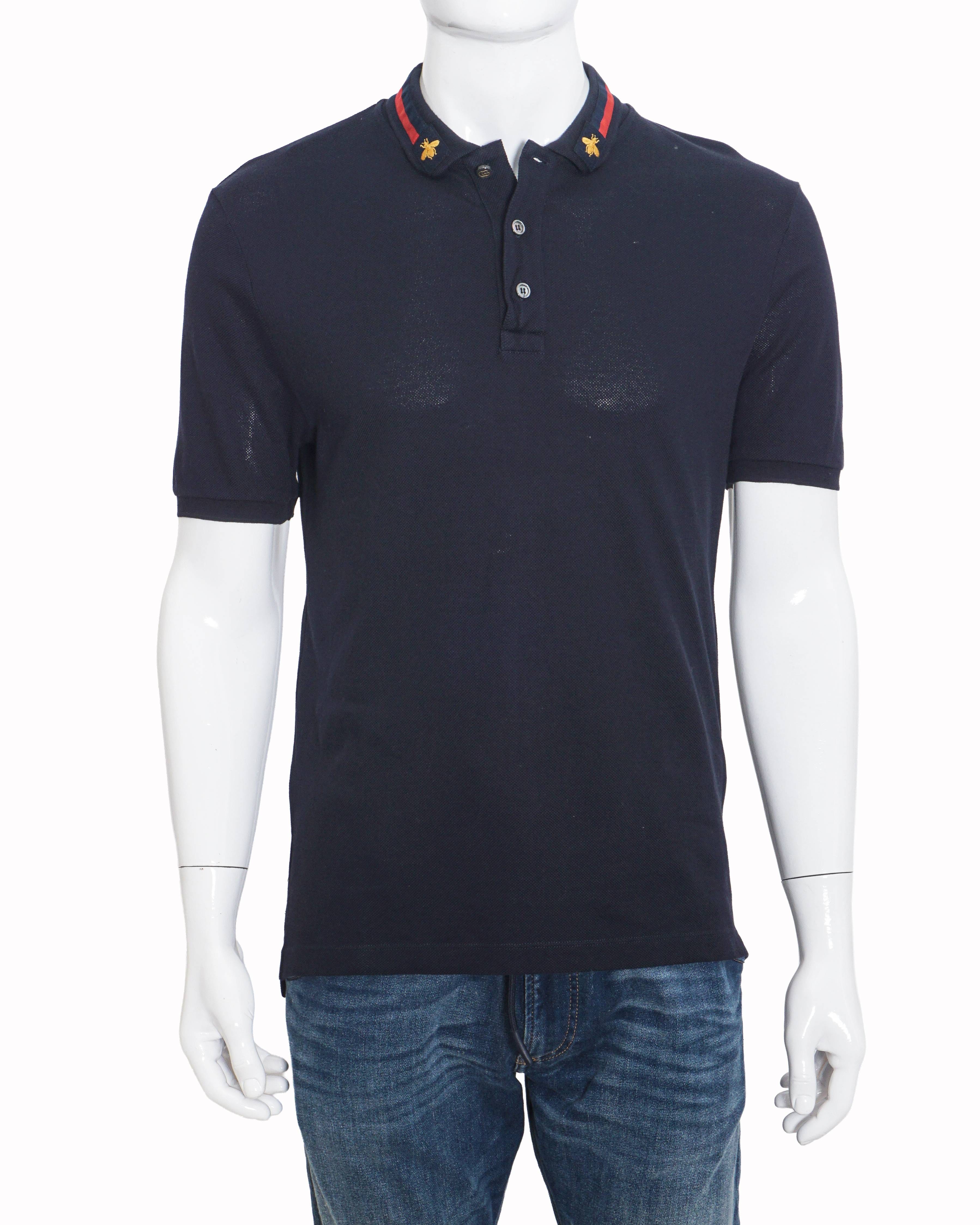 Gucci Navy Blue Web Stripe & Embroidered Bee Polo T - Shirt