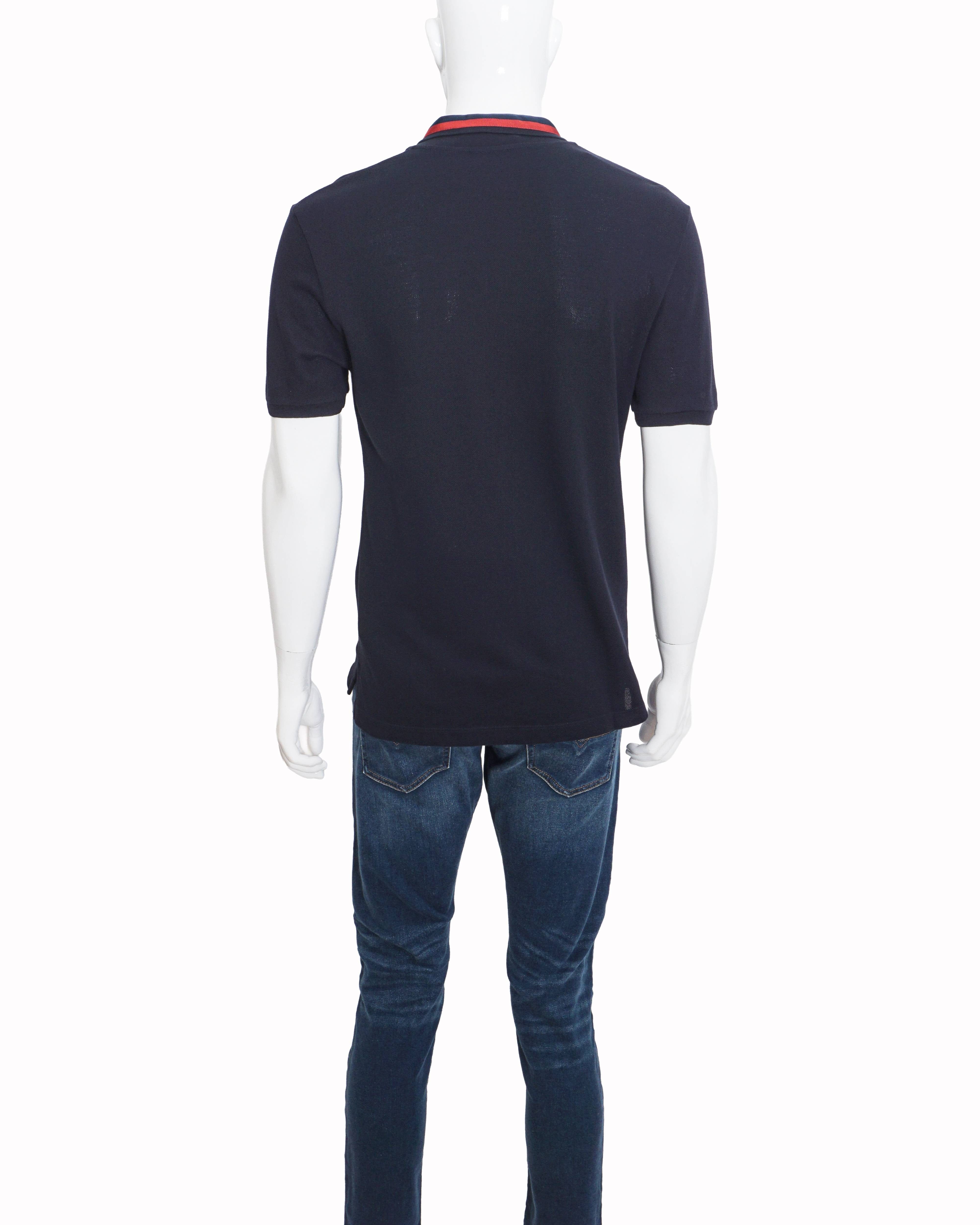 Gucci Navy Blue Web Stripe & Embroidered Bee Polo T - Shirt