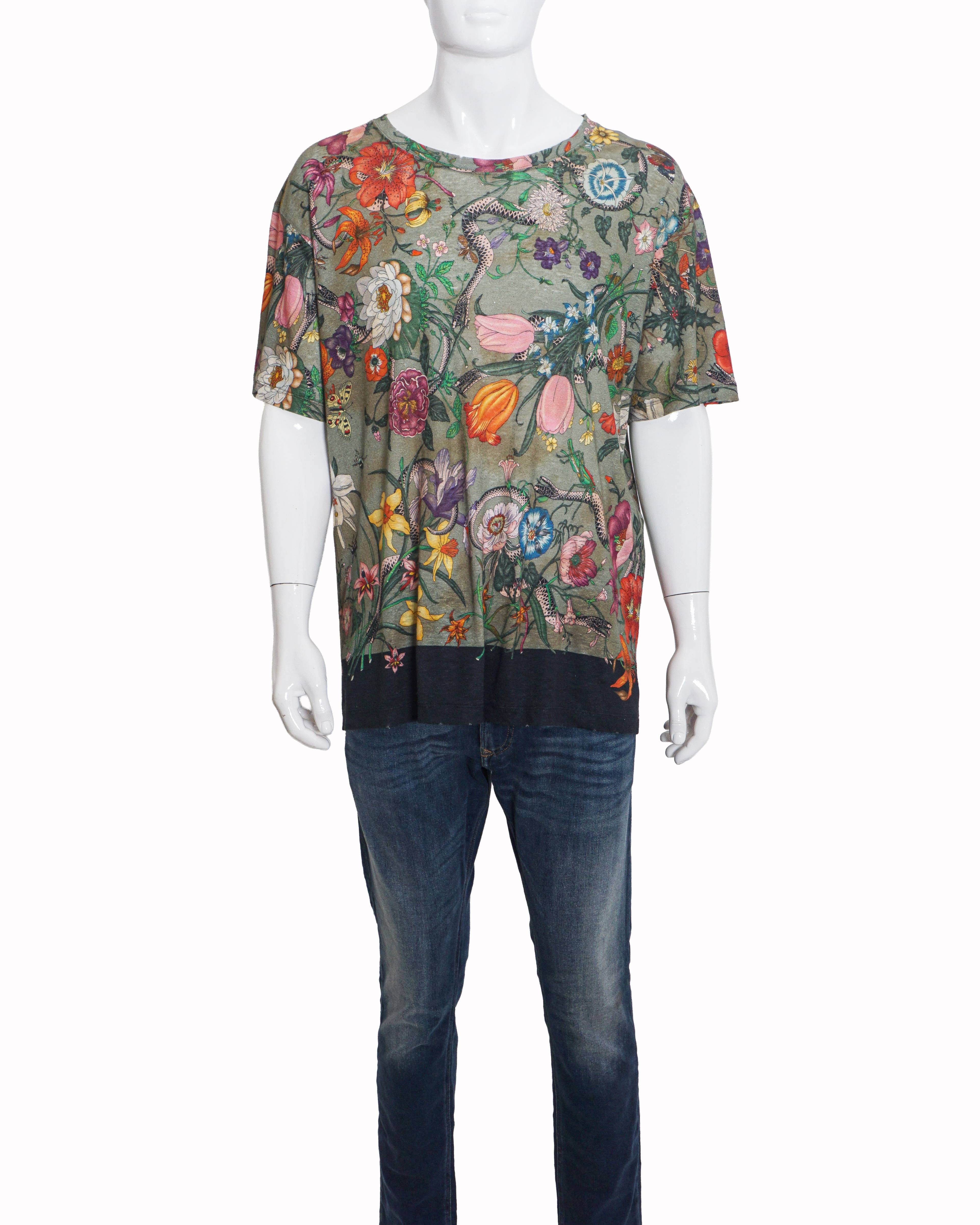 Gucci Olive Green Floral & Kingsnake Print Men's T - Shirt