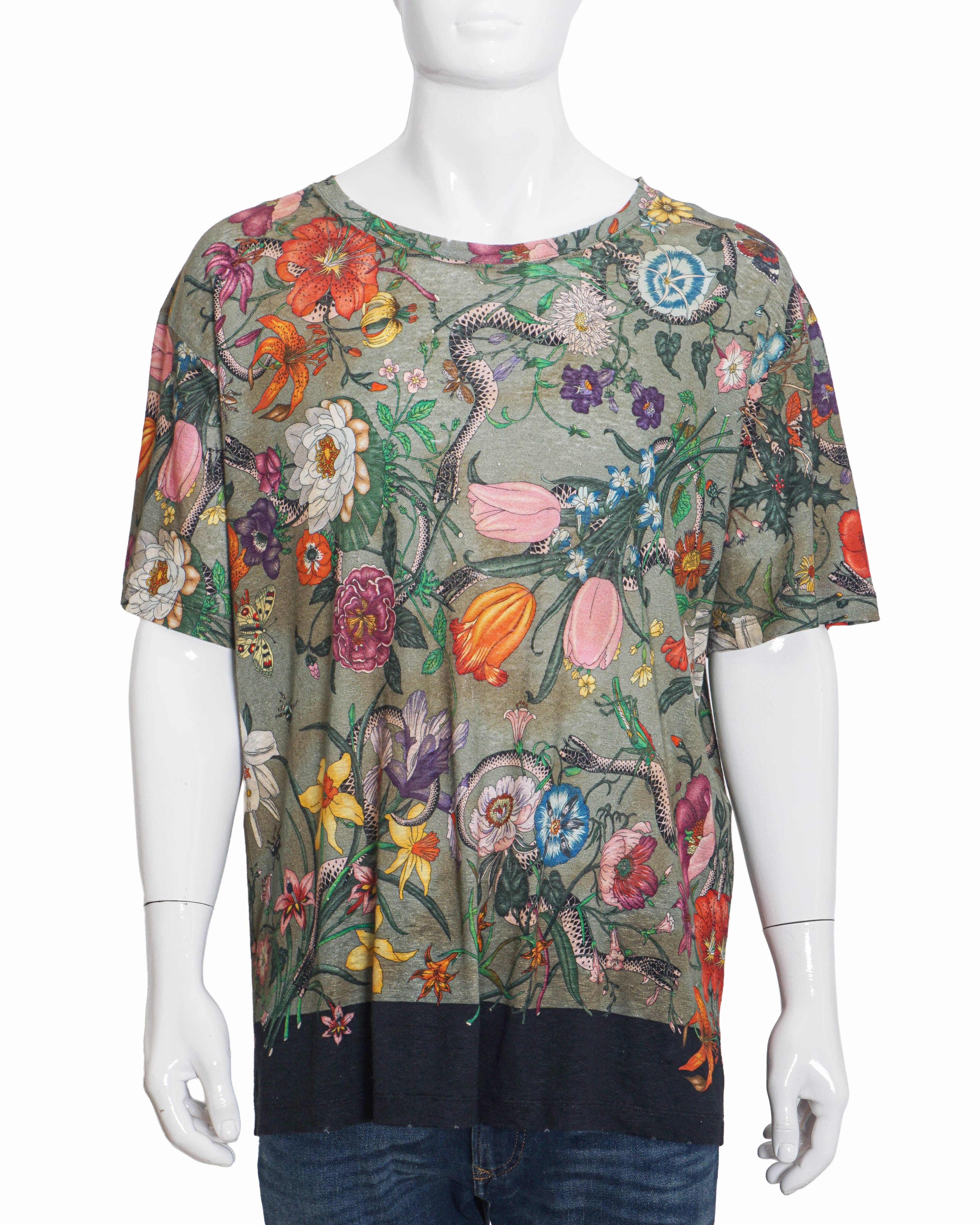 Gucci Olive Green Floral & Kingsnake Print Men's T - Shirt