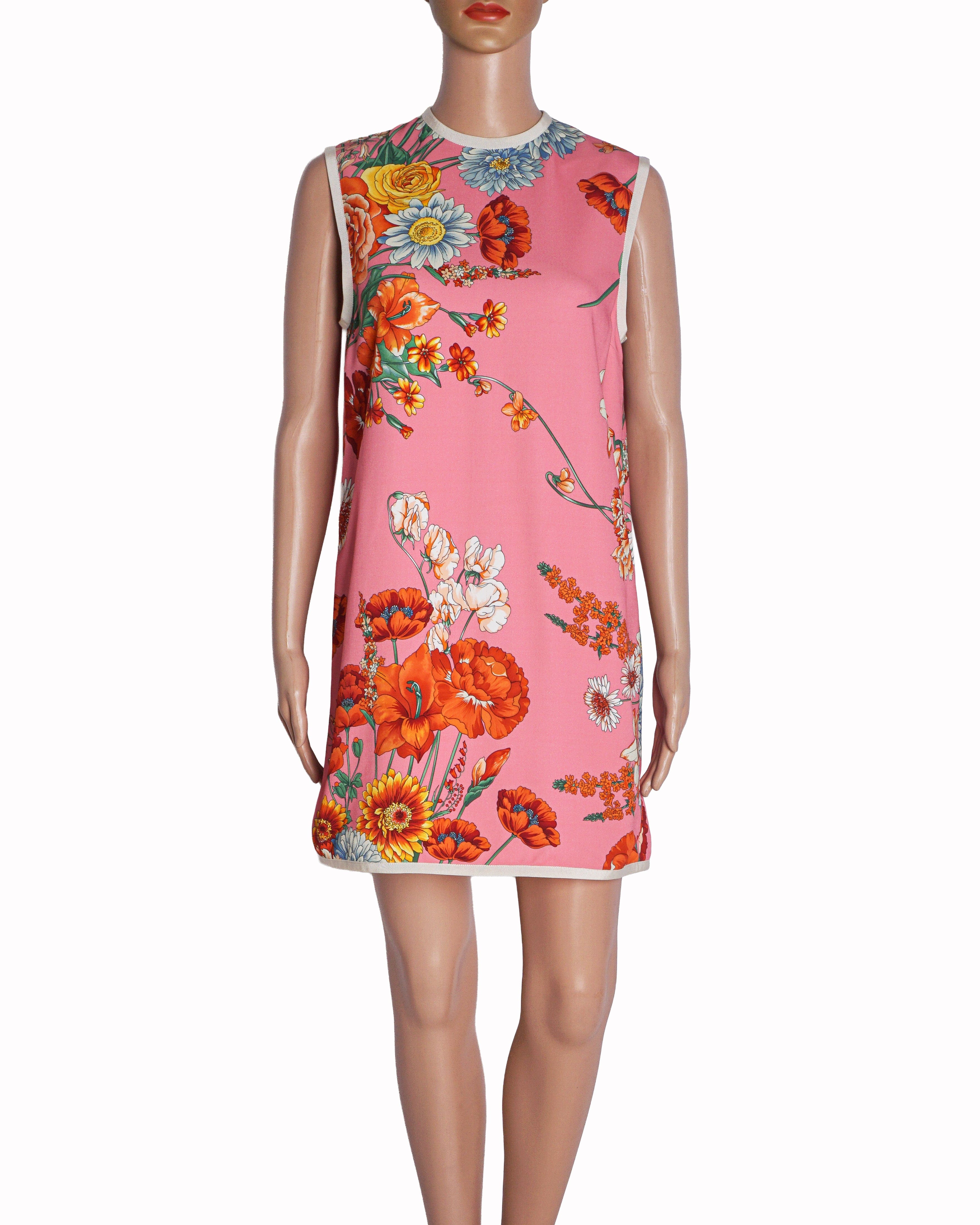 Gucci Pink Botanical Floral Print Sleeveless Shift Dress