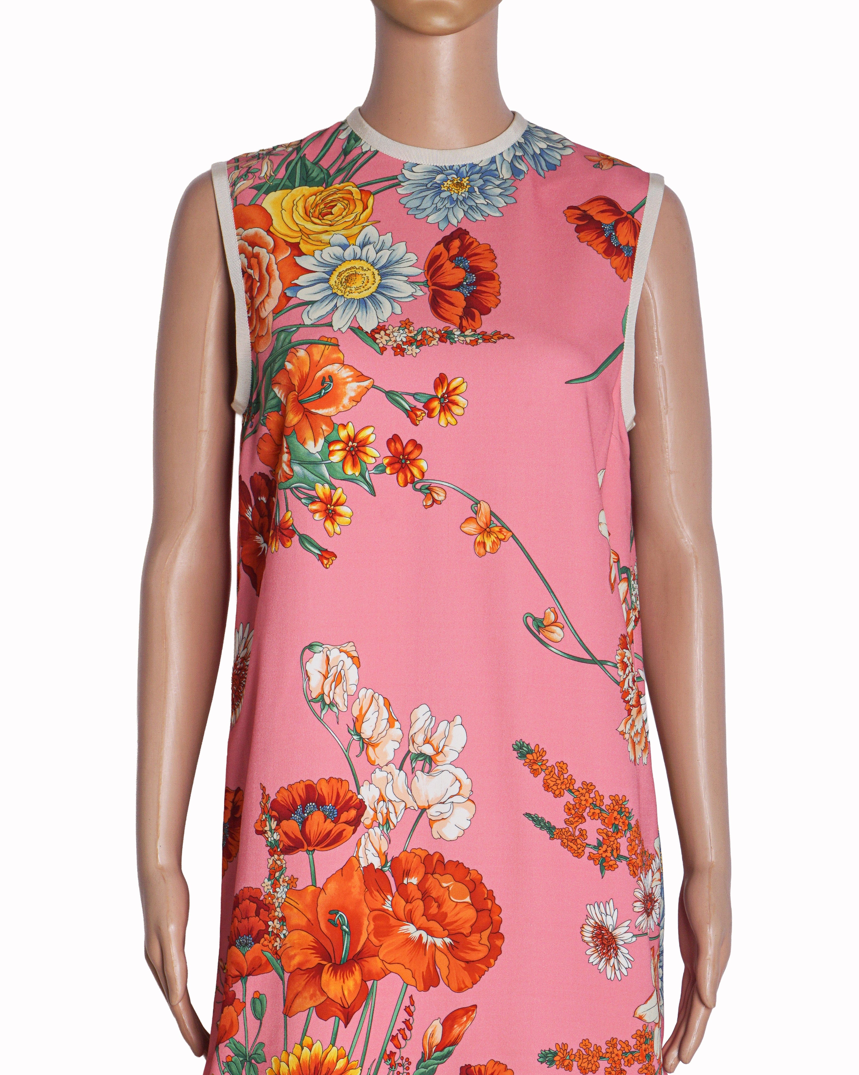 Gucci Pink Botanical Floral Print Sleeveless Shift Dress
