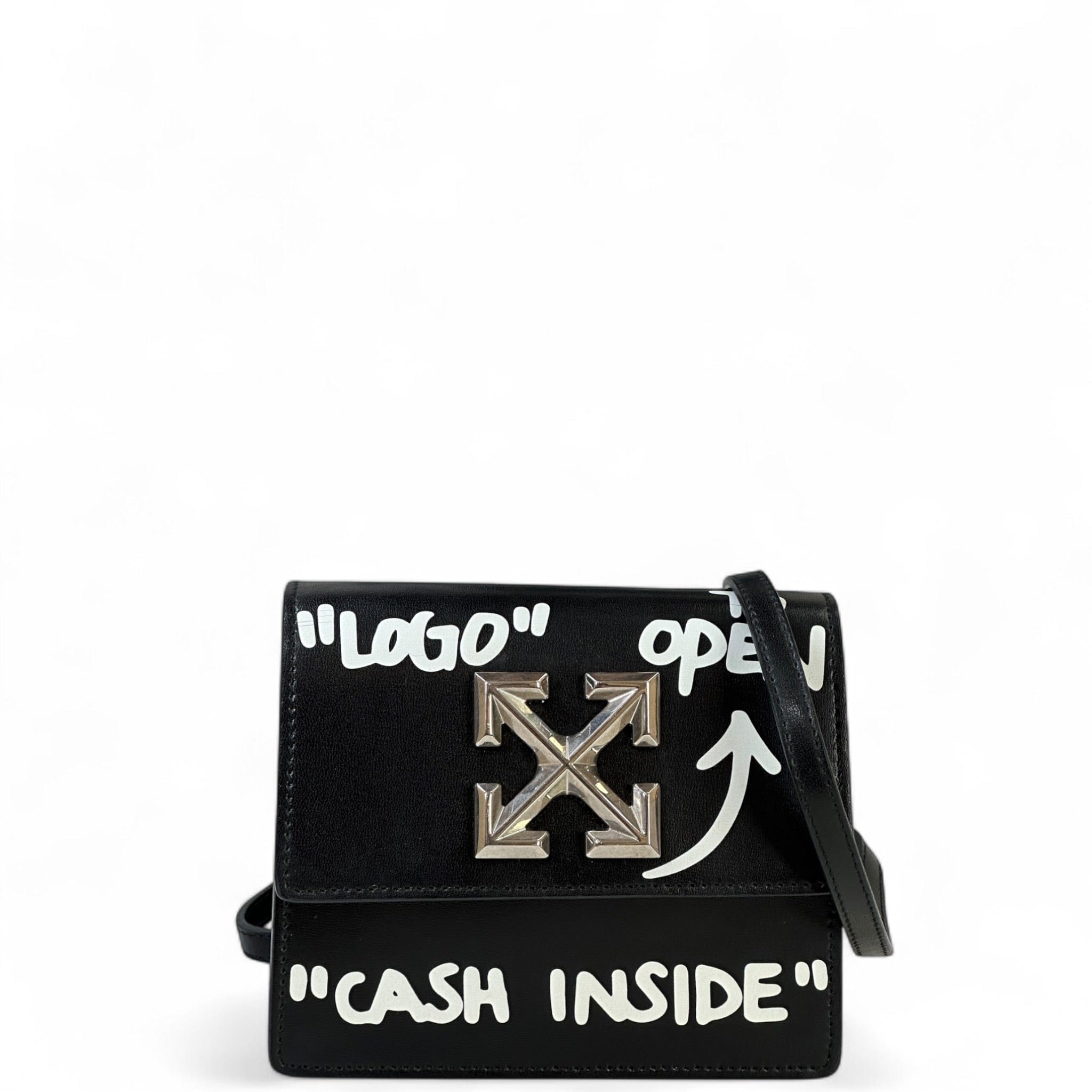 Off - White Jitney Cash Inside Crossbody BagBlack Leather