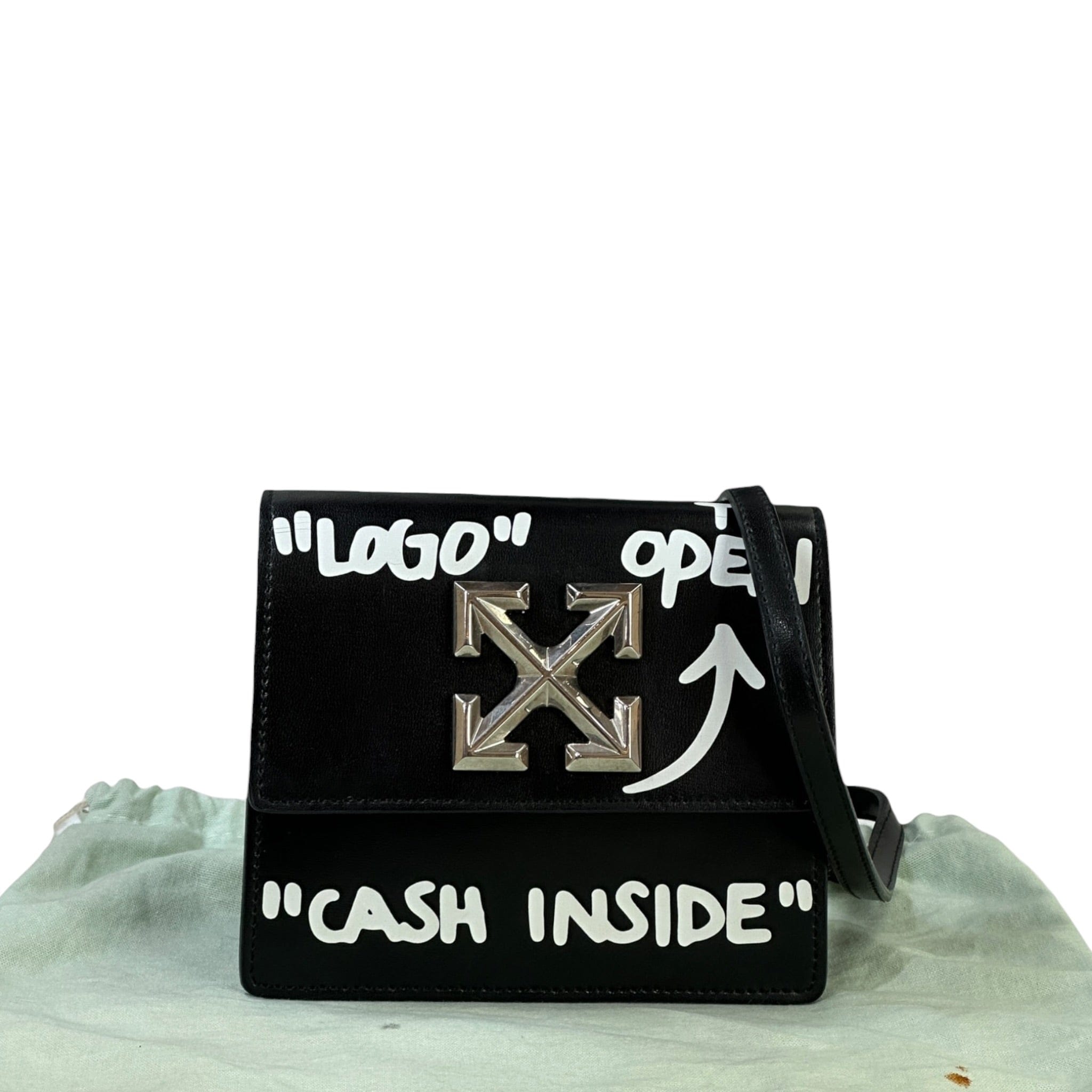 Off - White Jitney Cash Inside Crossbody BagBlack Leather