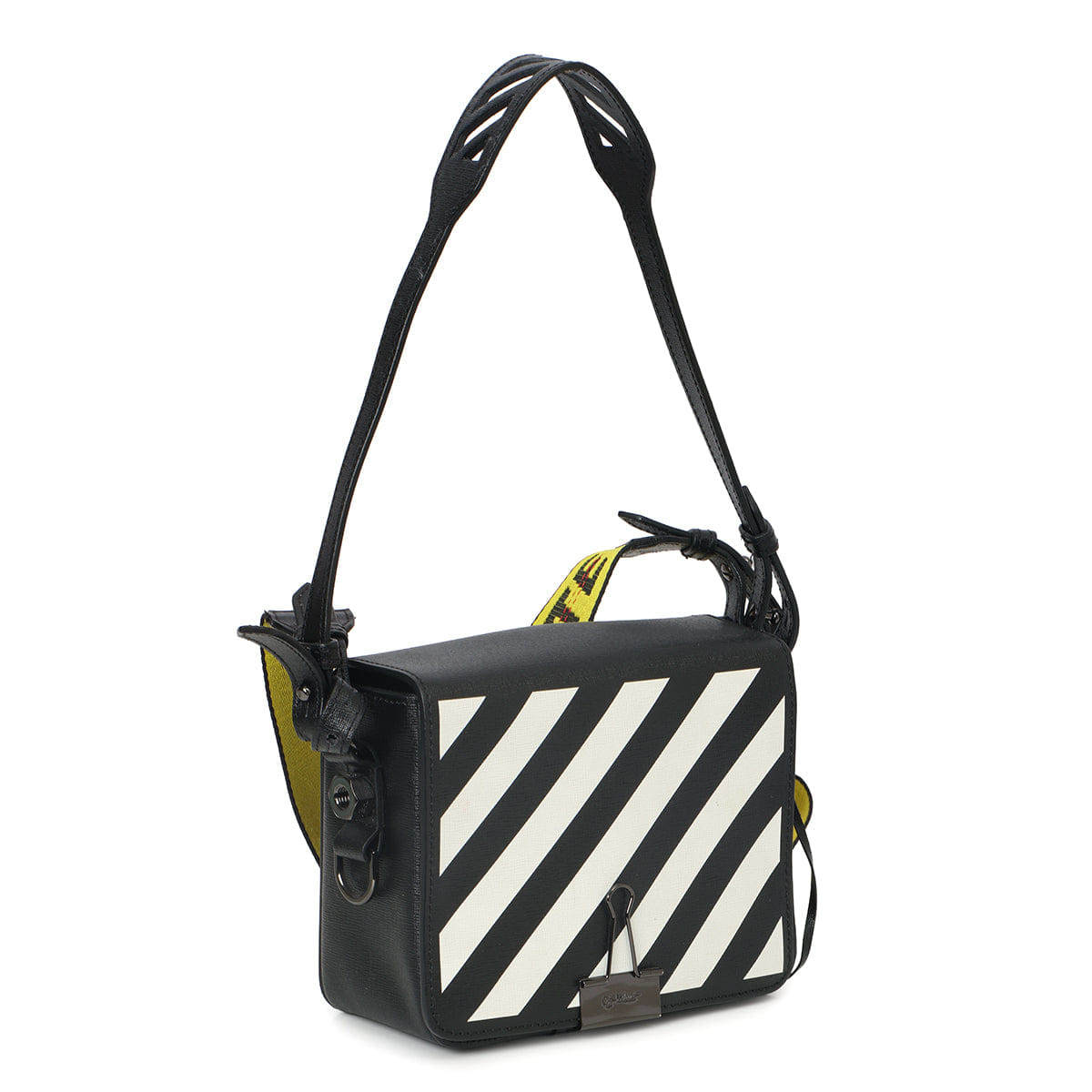 Off White Black & White Leather Diagonal Binder Clip Crossbody Bag