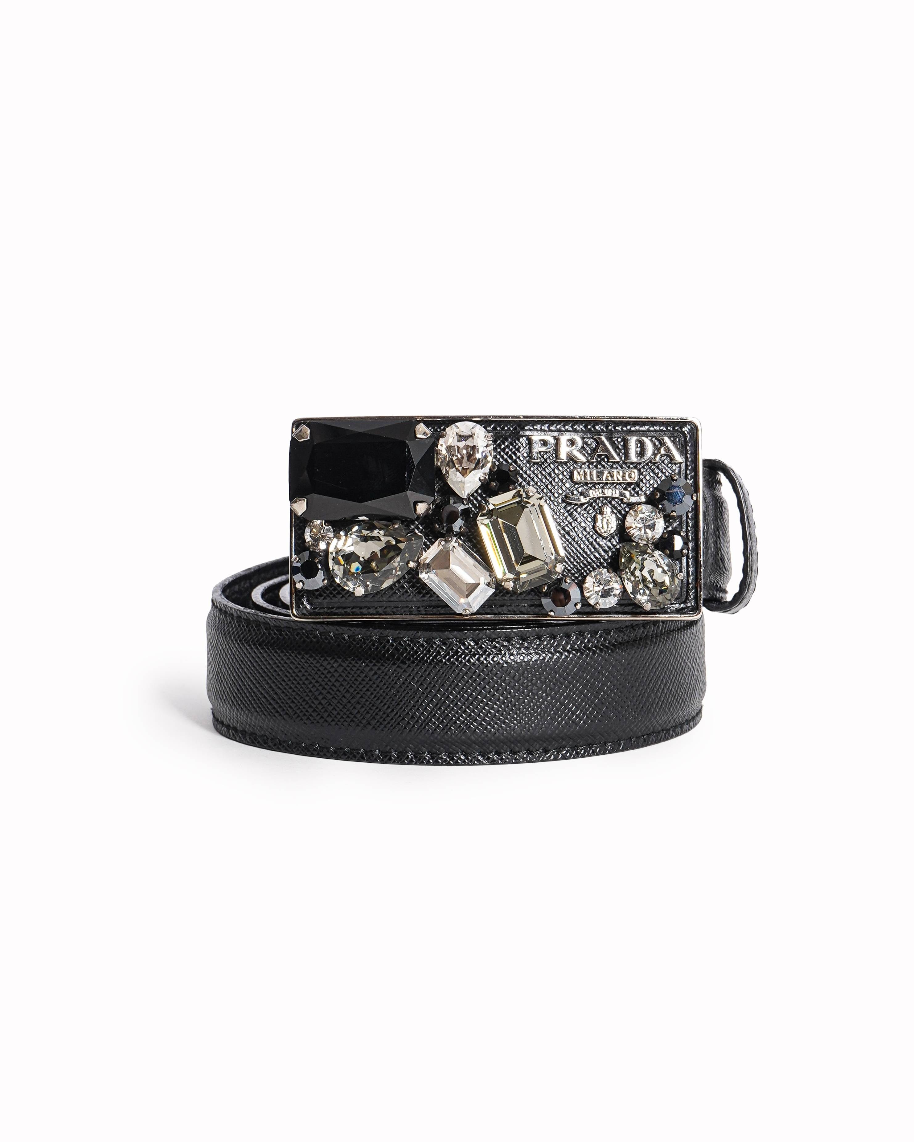 Prada Crystal - Embellished Logo Plaque Saffiano Leather Belt