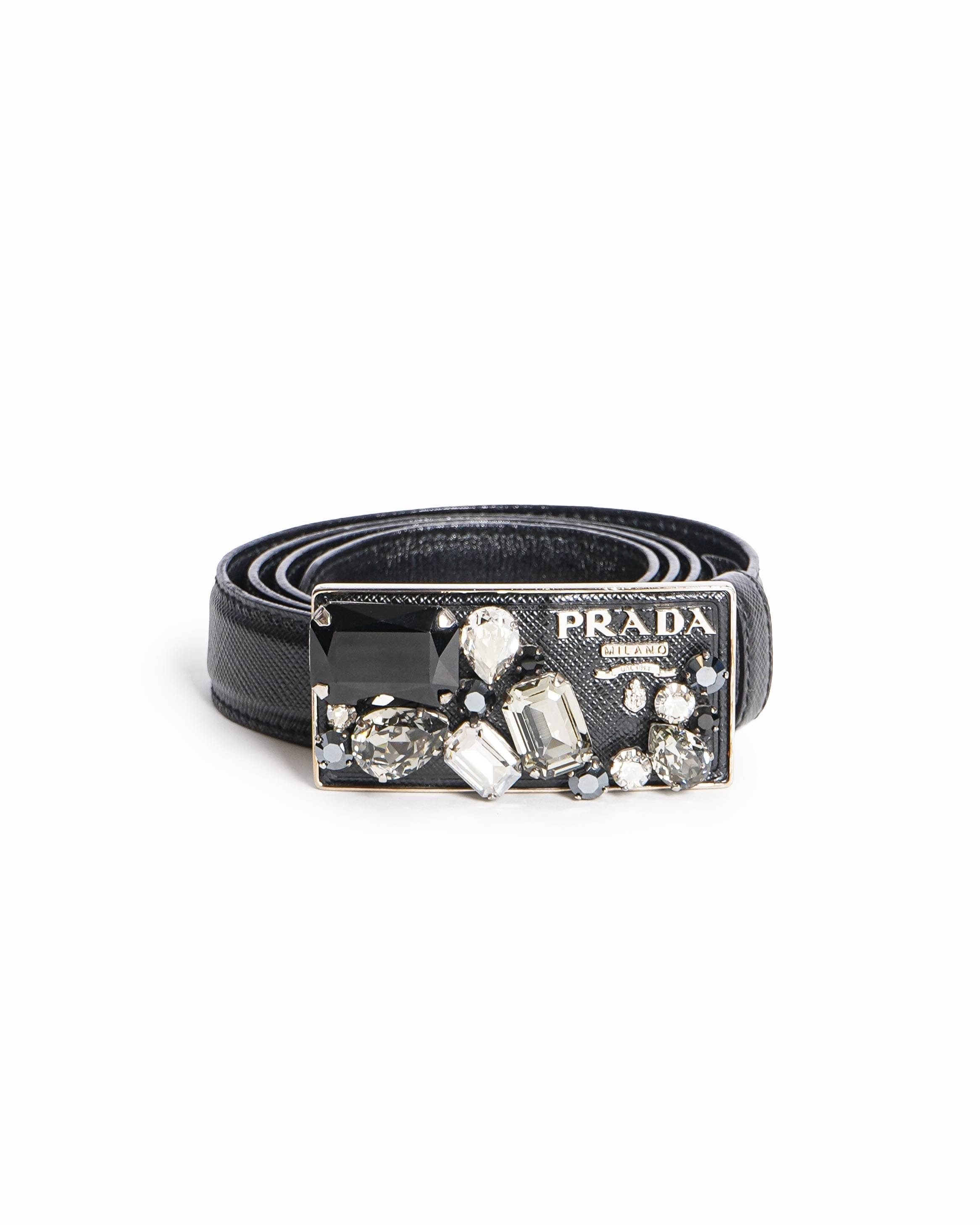 Prada Crystal - Embellished Logo Plaque Saffiano Leather Belt