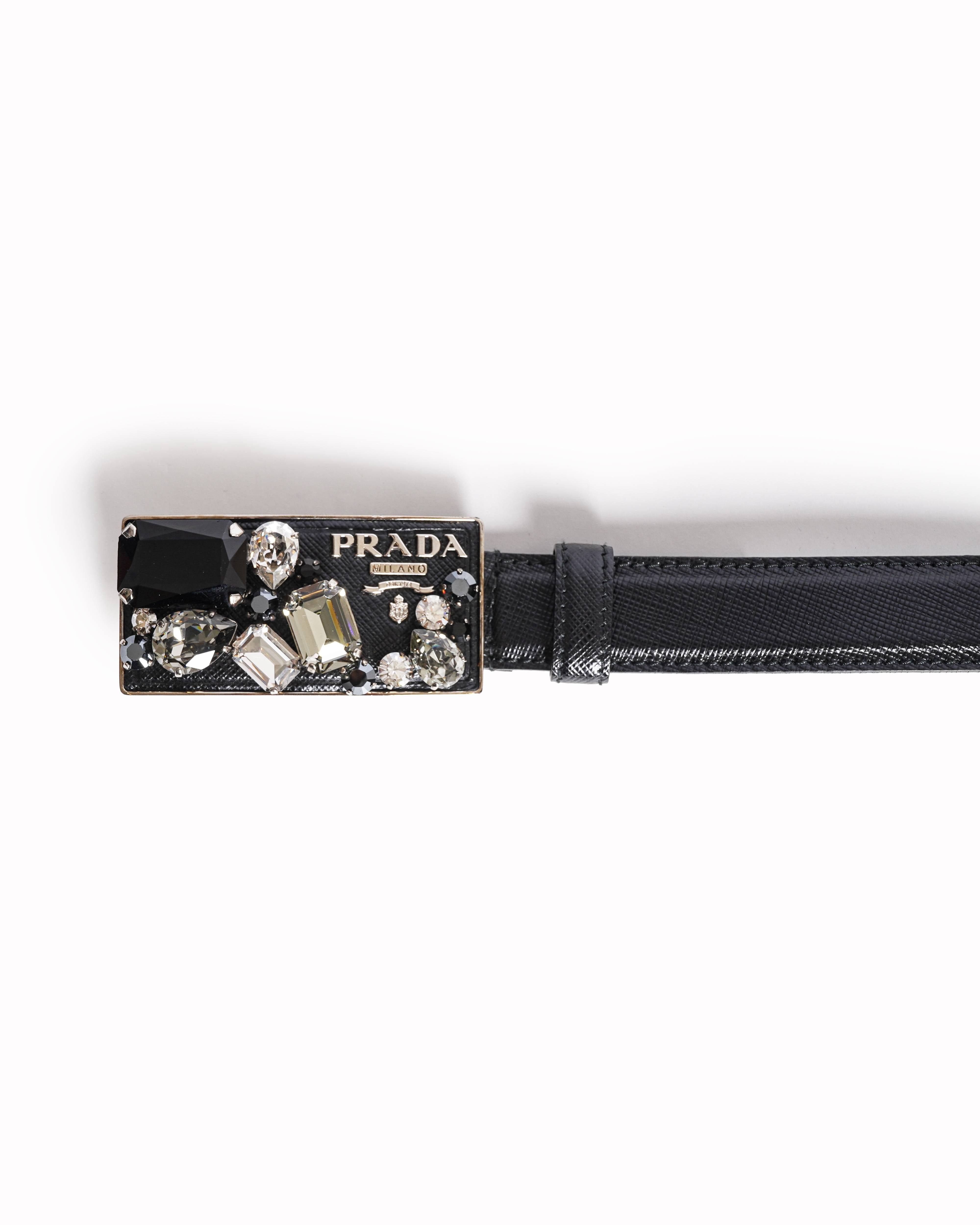 Prada Crystal - Embellished Logo Plaque Saffiano Leather Belt