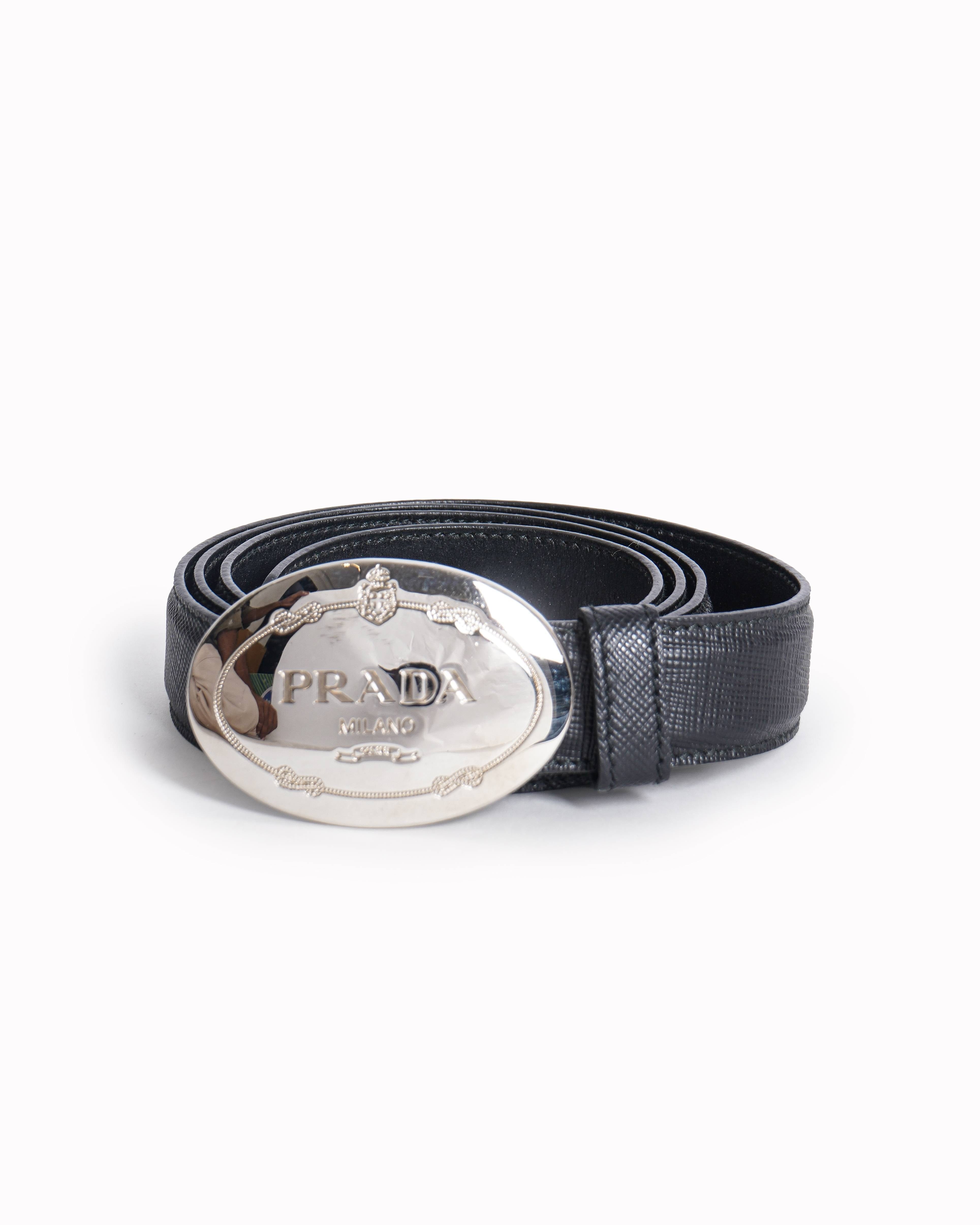 Prada Black Leather Oval Logo Buckle Belt