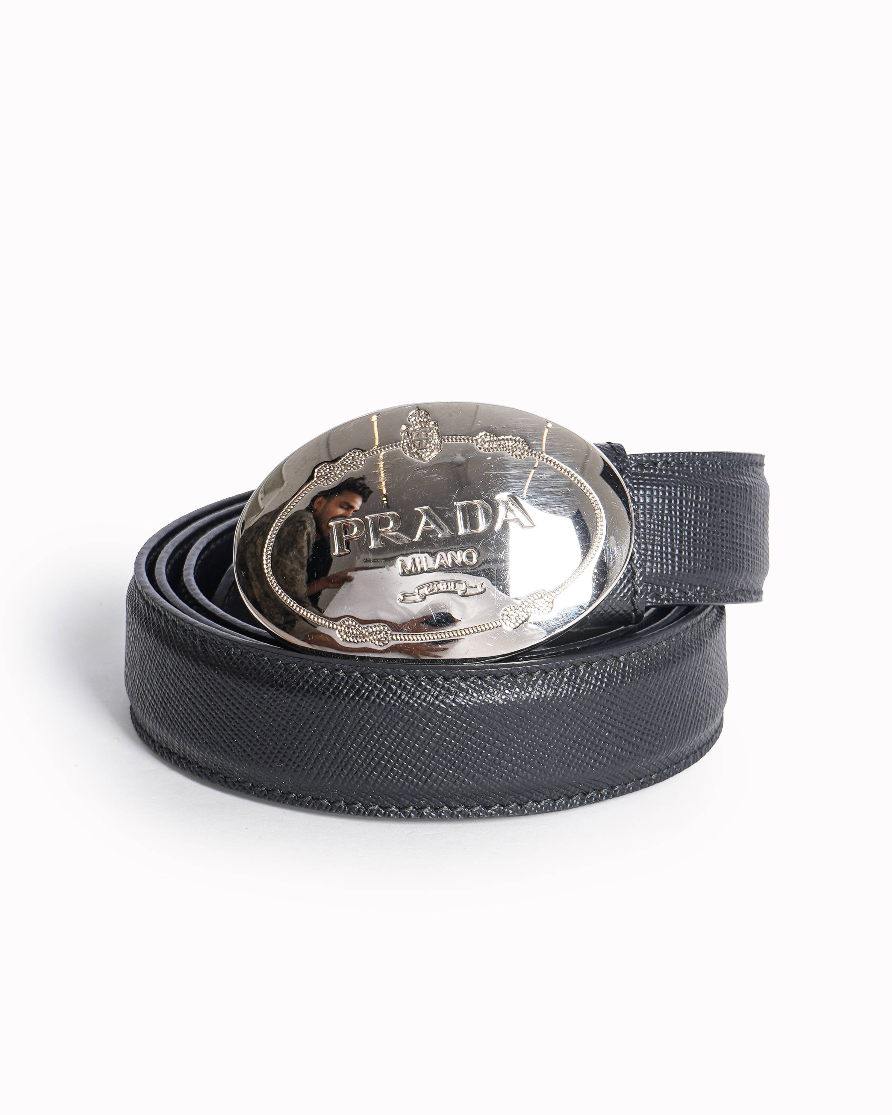 Prada Black Leather Oval Logo Buckle Belt