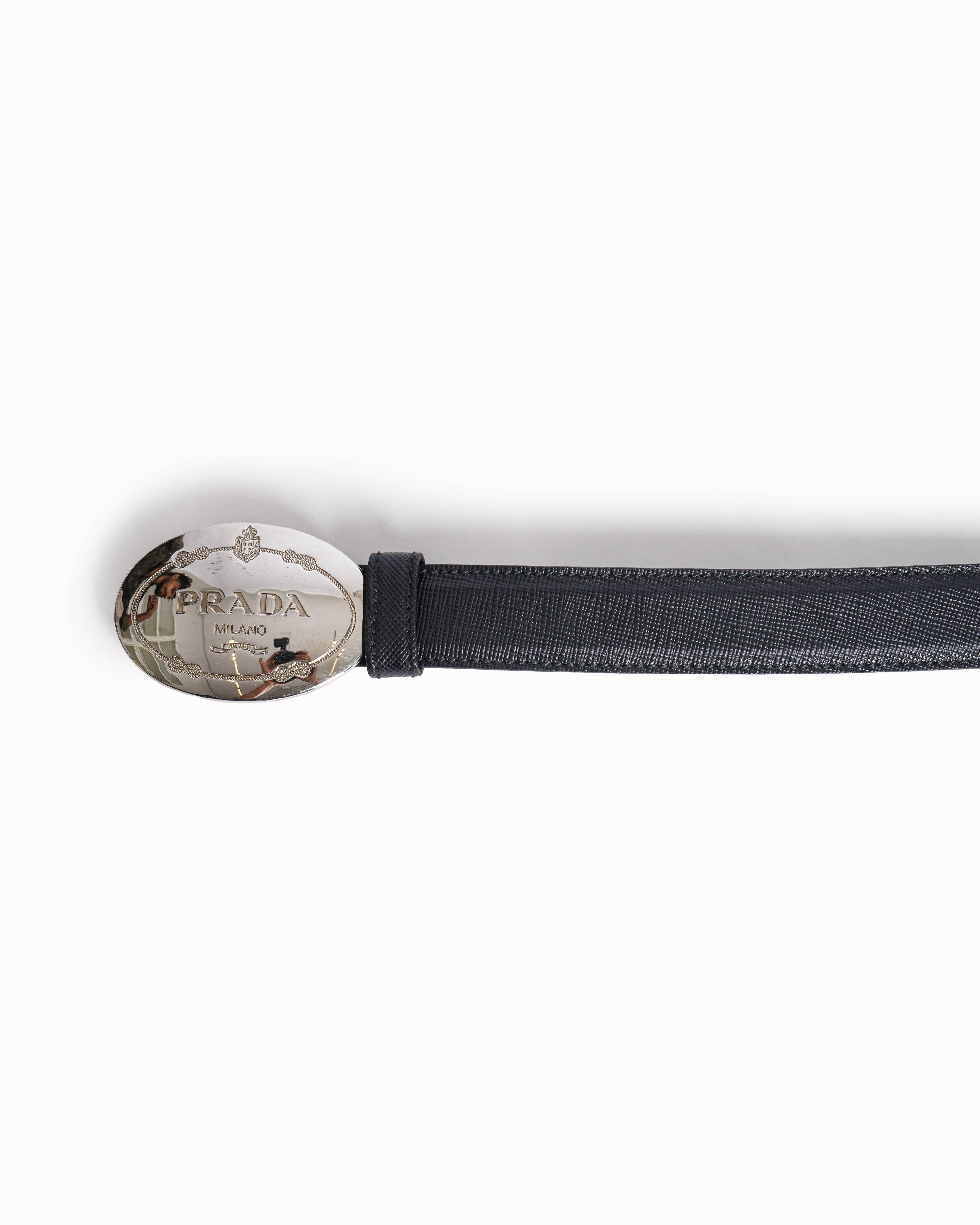Prada Black Leather Oval Logo Buckle Belt
