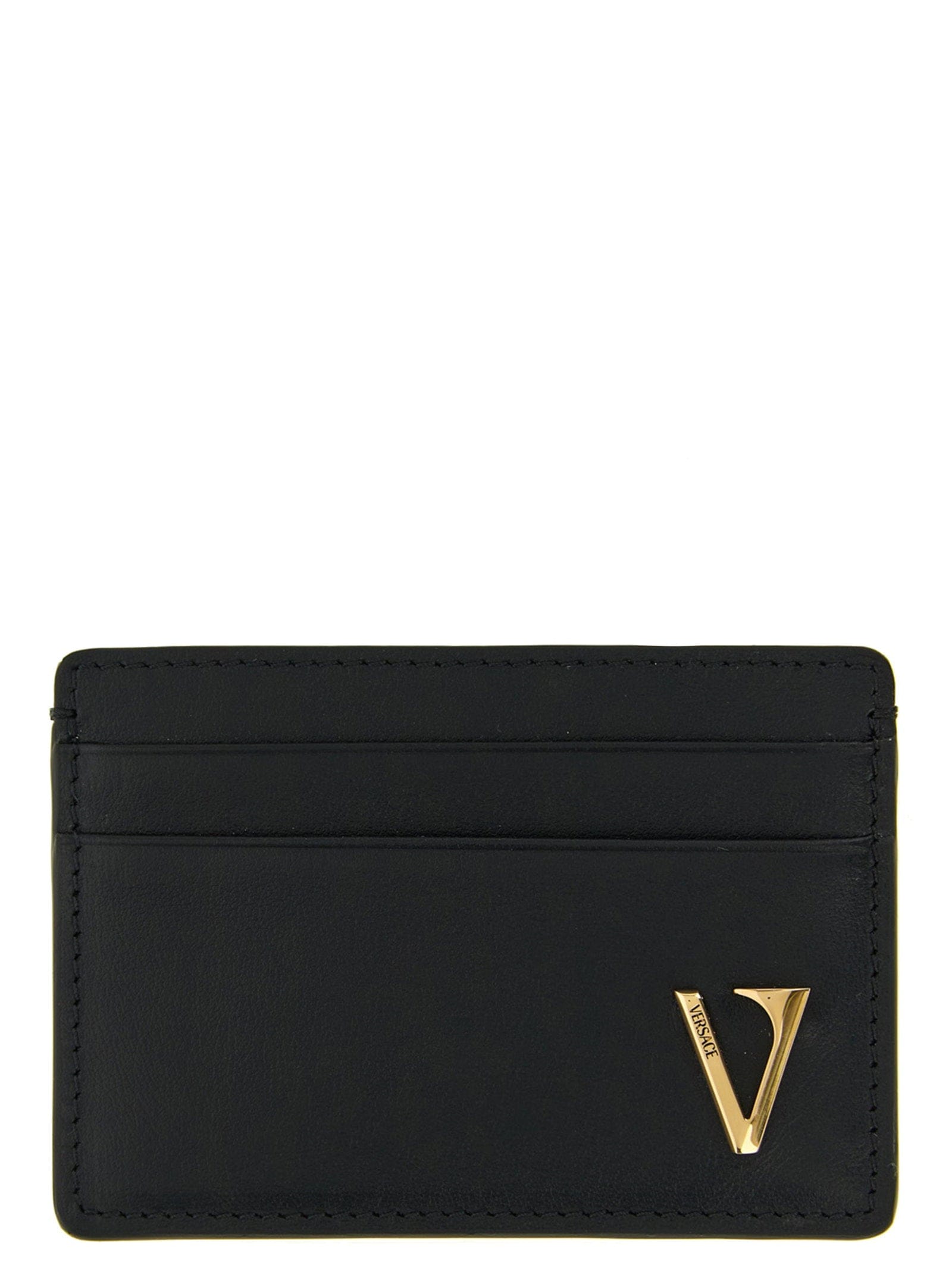 Versace Metal V - Logo Leather Card Case — Black