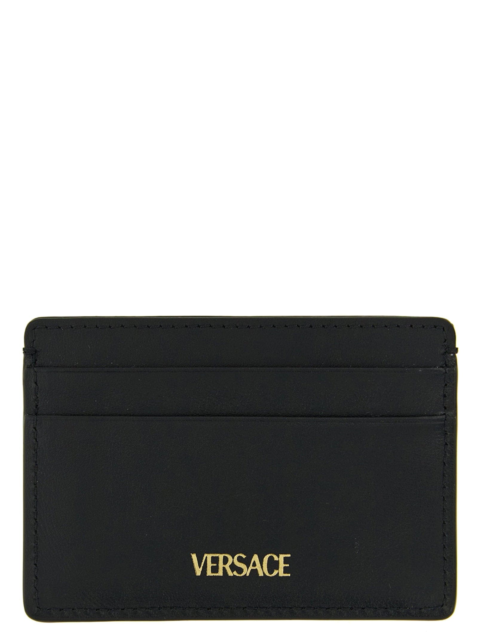 Versace Metal V - Logo Leather Card Case — Black
