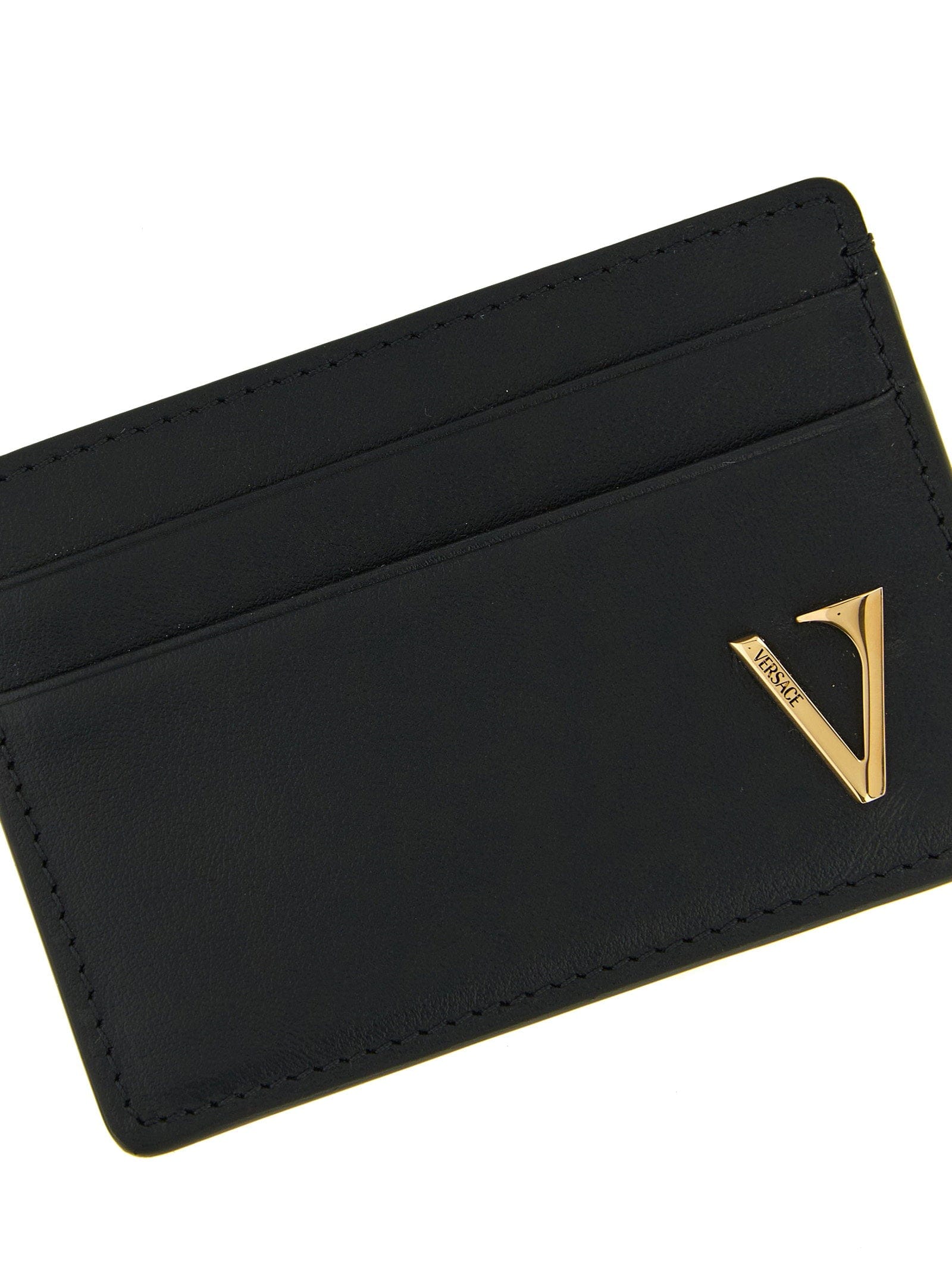 Versace Metal V - Logo Leather Card Case — Black