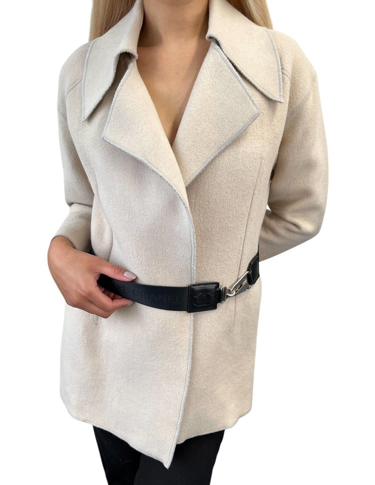 CHANEL Sport Vintage CC Mark Logo Open Front Jacket Belt Beige Black Wool