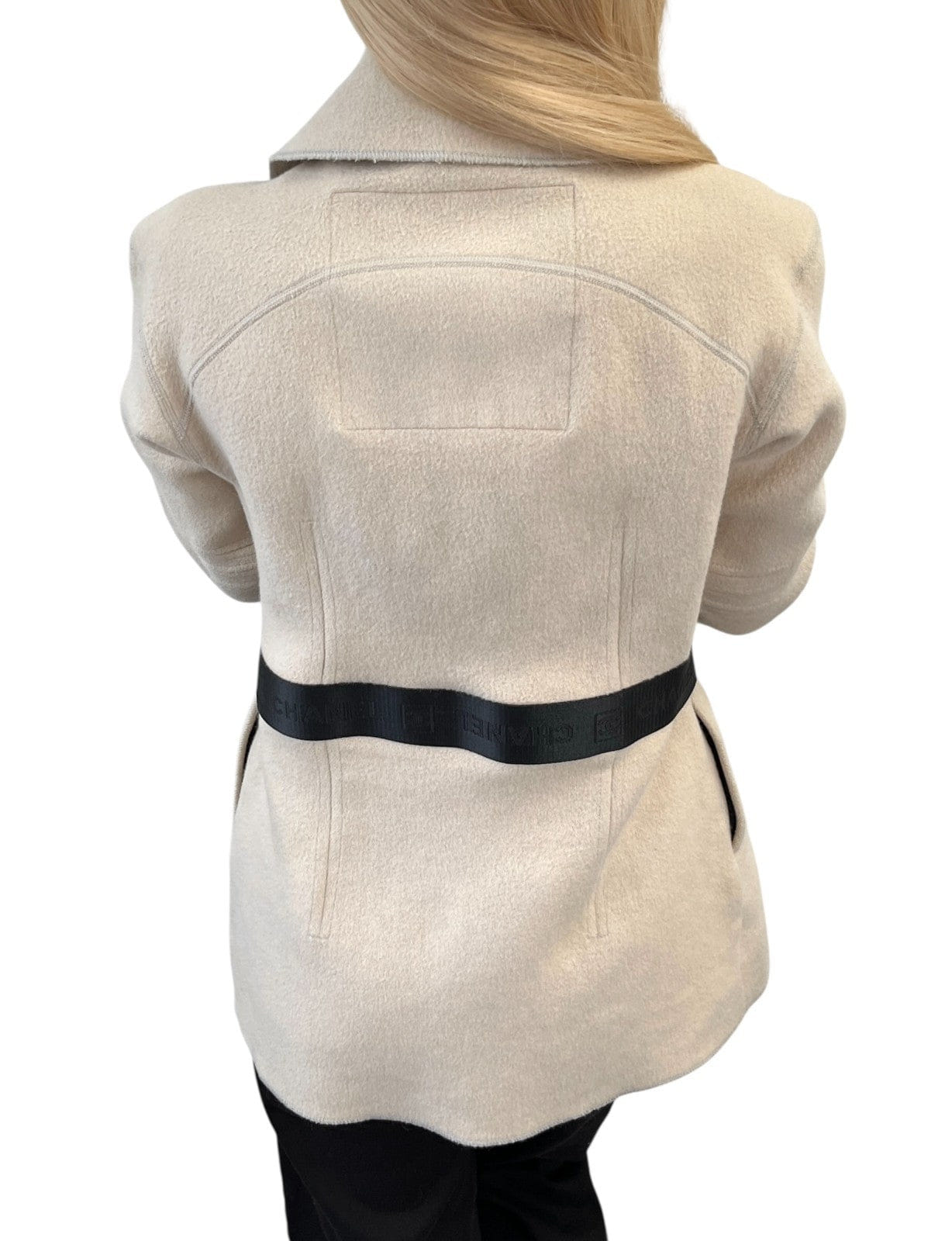 CHANEL Sport Vintage CC Mark Logo Open Front Jacket Belt Beige Black Wool