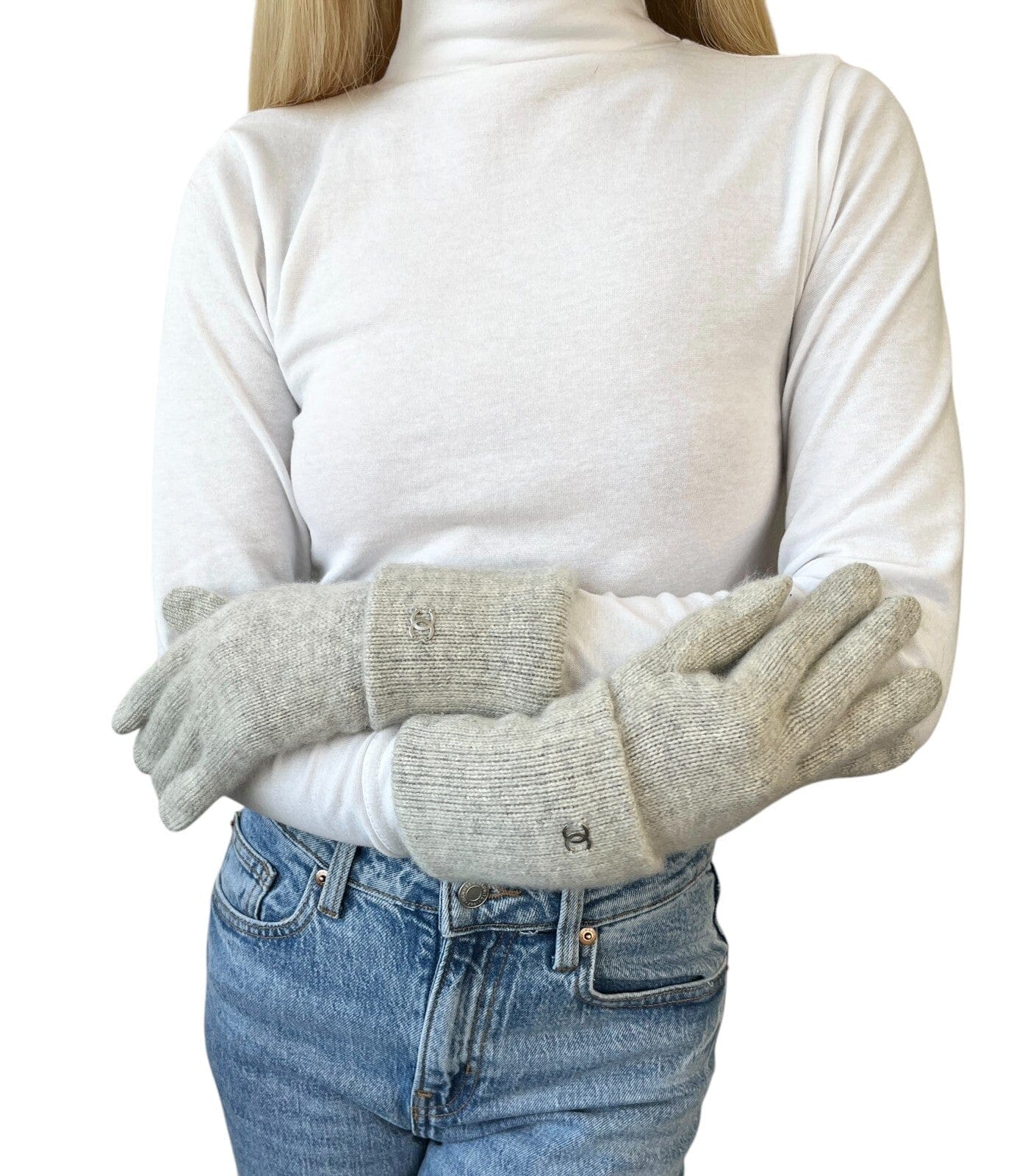 CHANEL Vintage CC Mark Logo Cashmere Knit Gloves Accessory Gray Silver