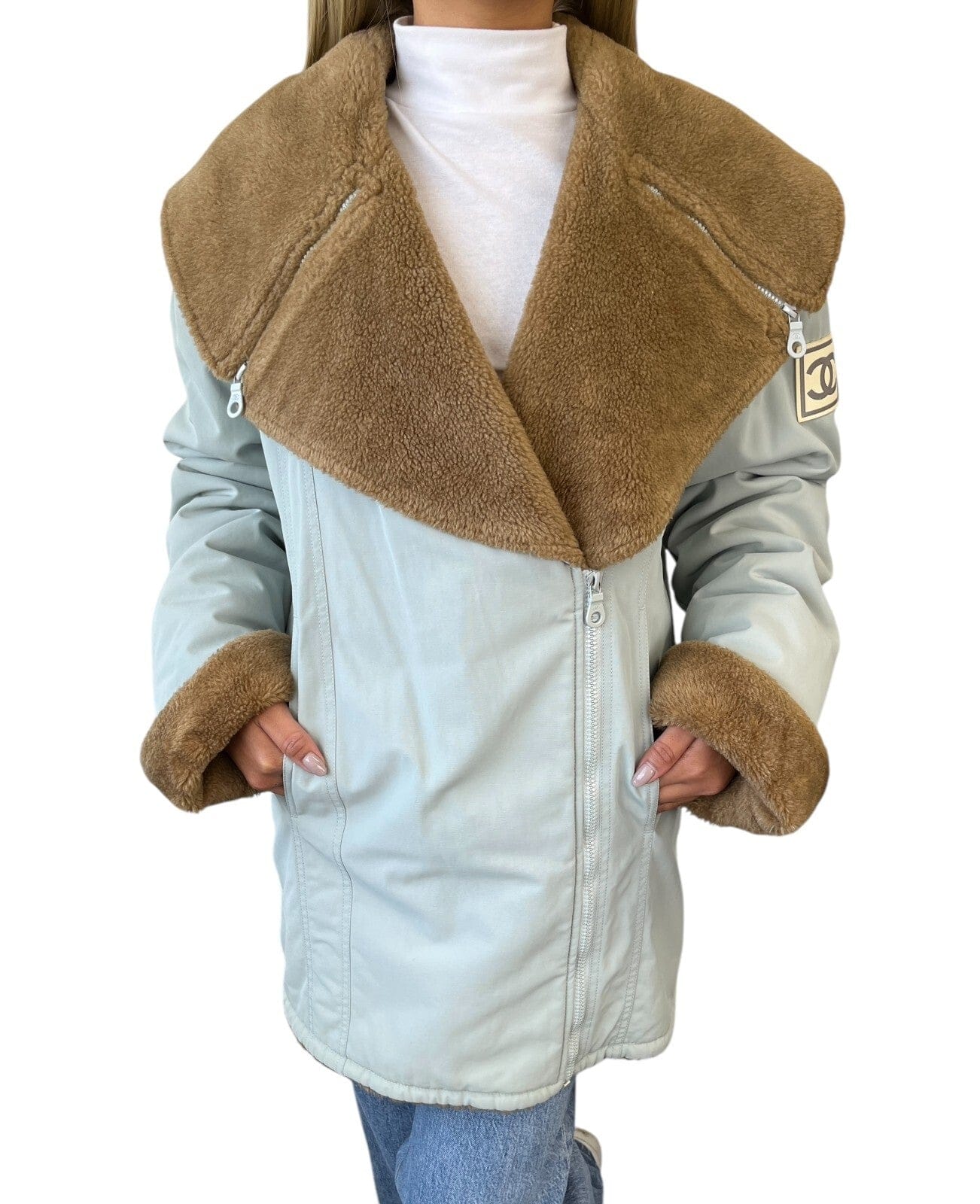 CHANEL Sport Vintage 01A CC Logo Ski Wear Jacket #36 Blue Brown Cotton Fur Zip