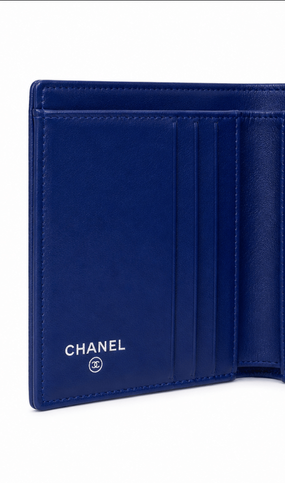 Chanel CC Logo Caviar Leather Trifold Wallet Blue