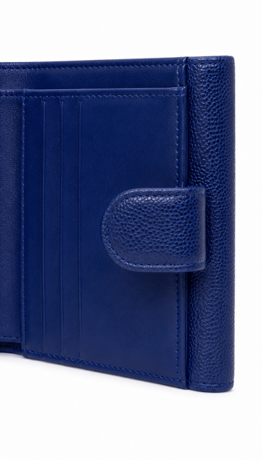 Chanel CC Logo Caviar Leather Trifold Wallet Blue