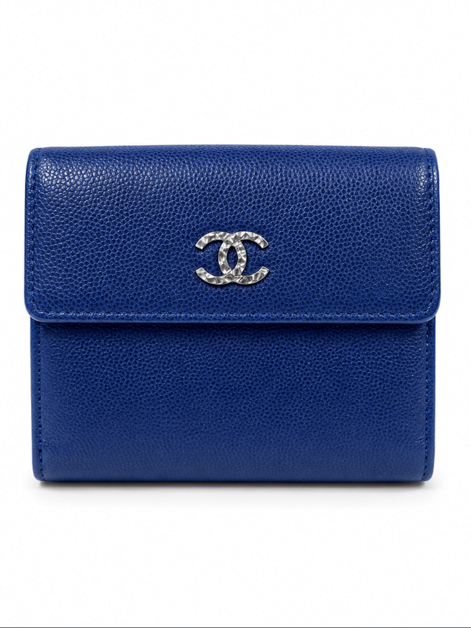 Chanel CC Logo Caviar Leather Trifold Wallet Blue