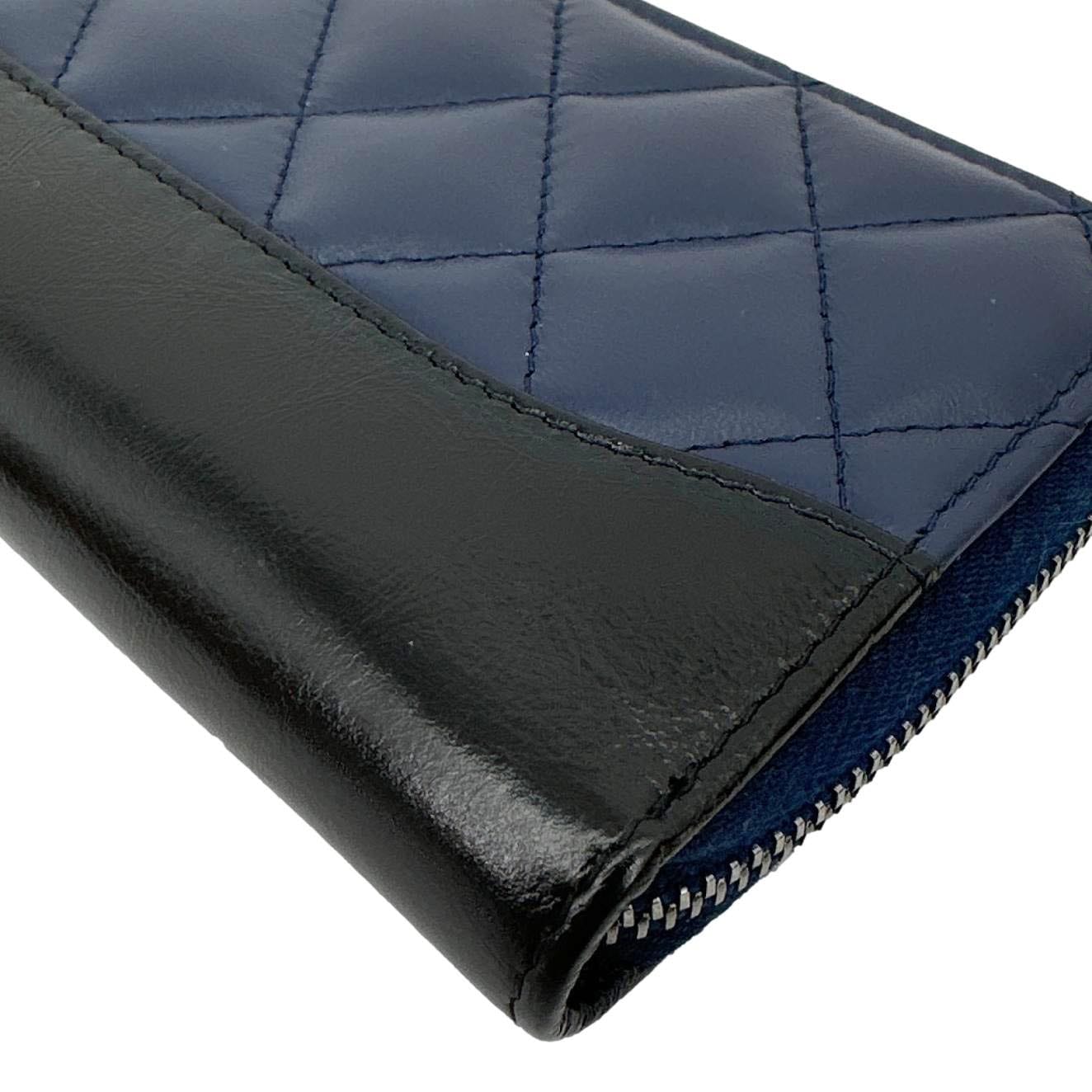 CHANEL Gabrielle Aged Quilted Calfskin Leather Zip Around Wallet Blue
