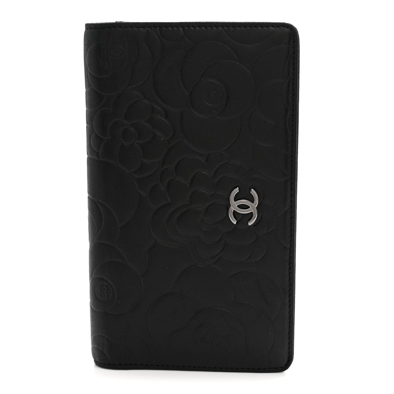 Chanel Lambskin Camellia Embossed Yen Wallet Black