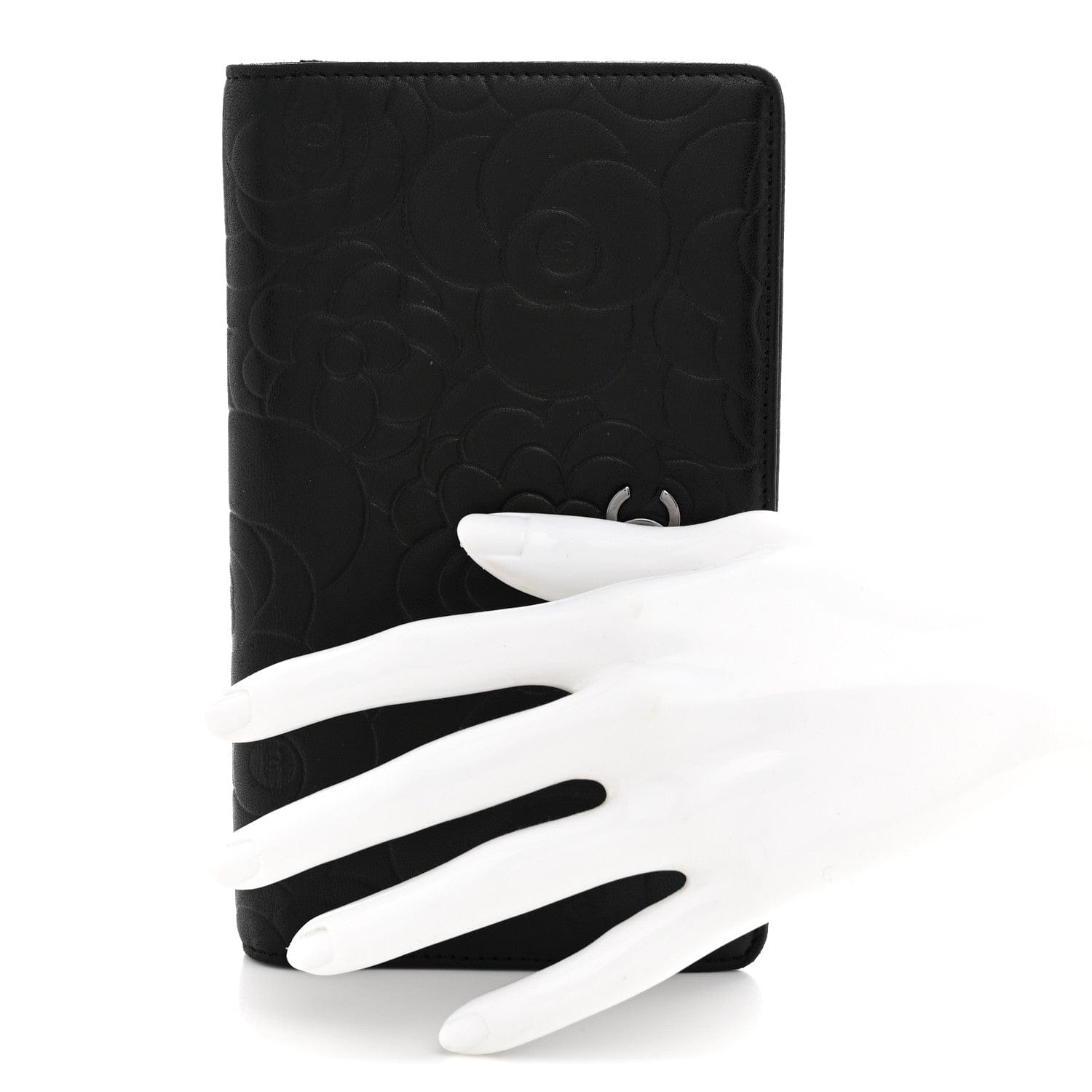 Chanel Lambskin Camellia Embossed Yen Wallet Black