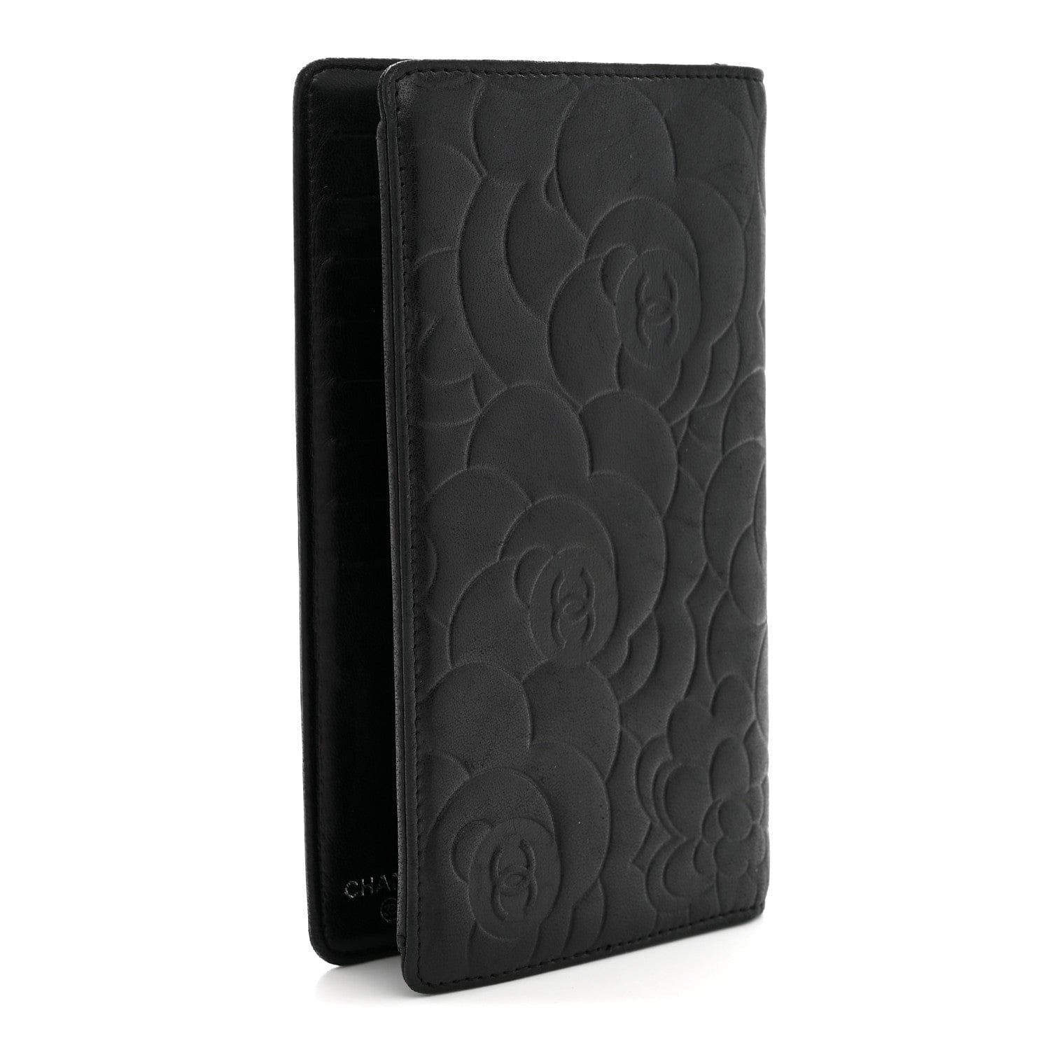 Chanel Lambskin Camellia Embossed Yen Wallet Black