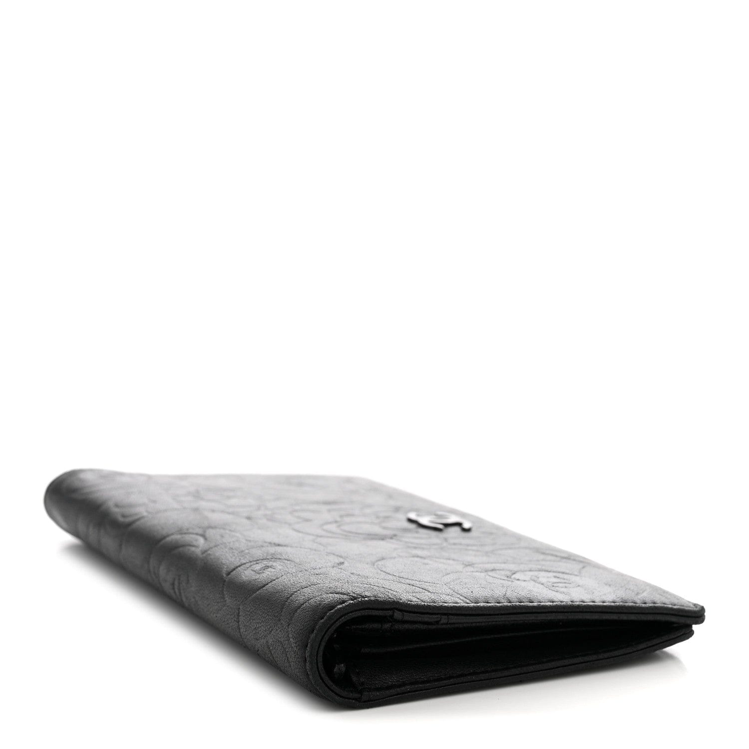 Chanel Lambskin Camellia Embossed Yen Wallet Black