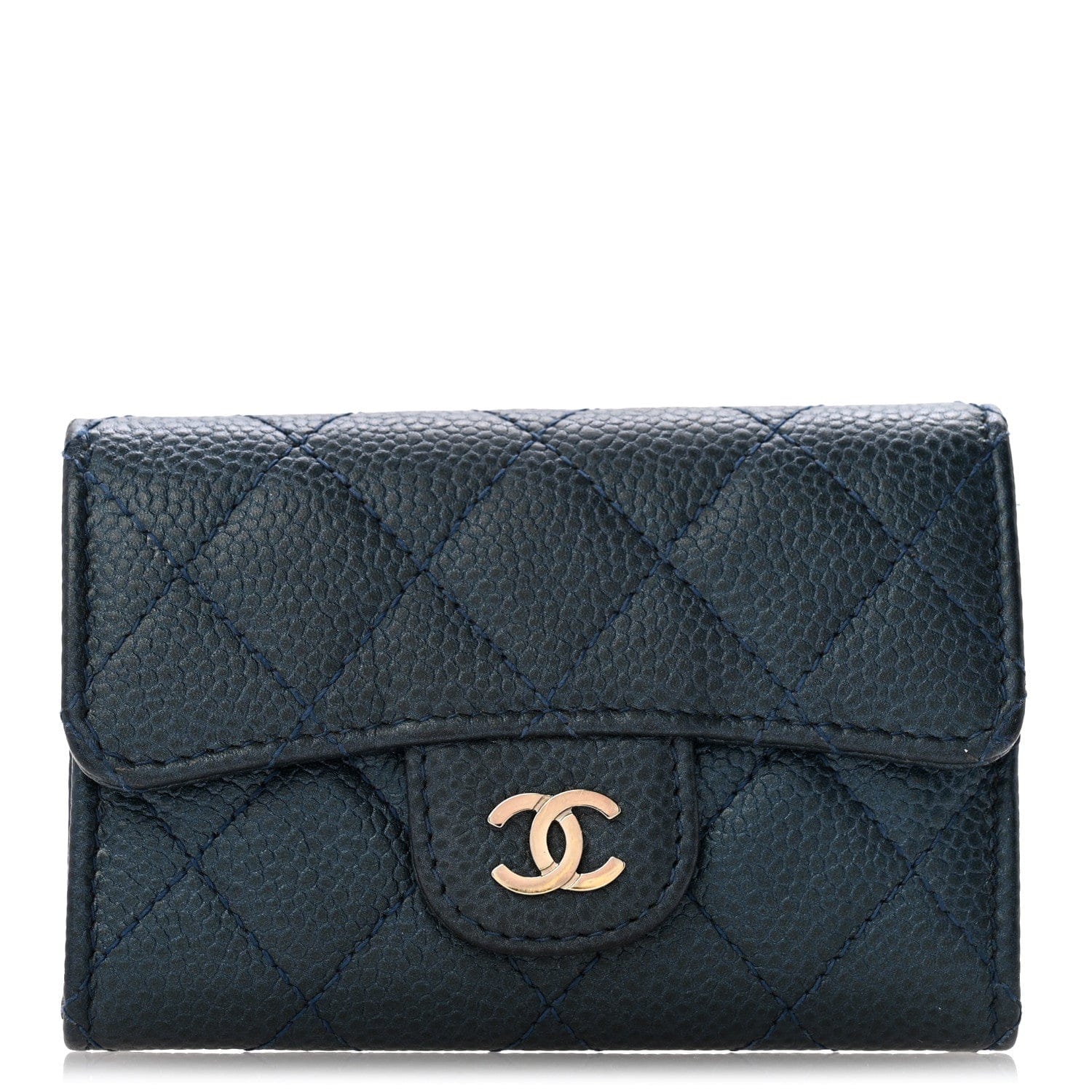Chanel Metallic Caviar Quilted Flap Card Holder Dark Blue