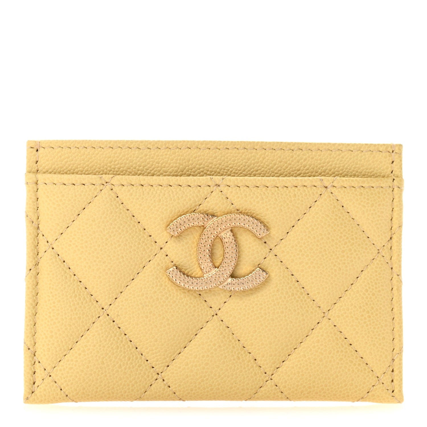 Chanel Caviar Quilted Studded CC Card Holder Yellow