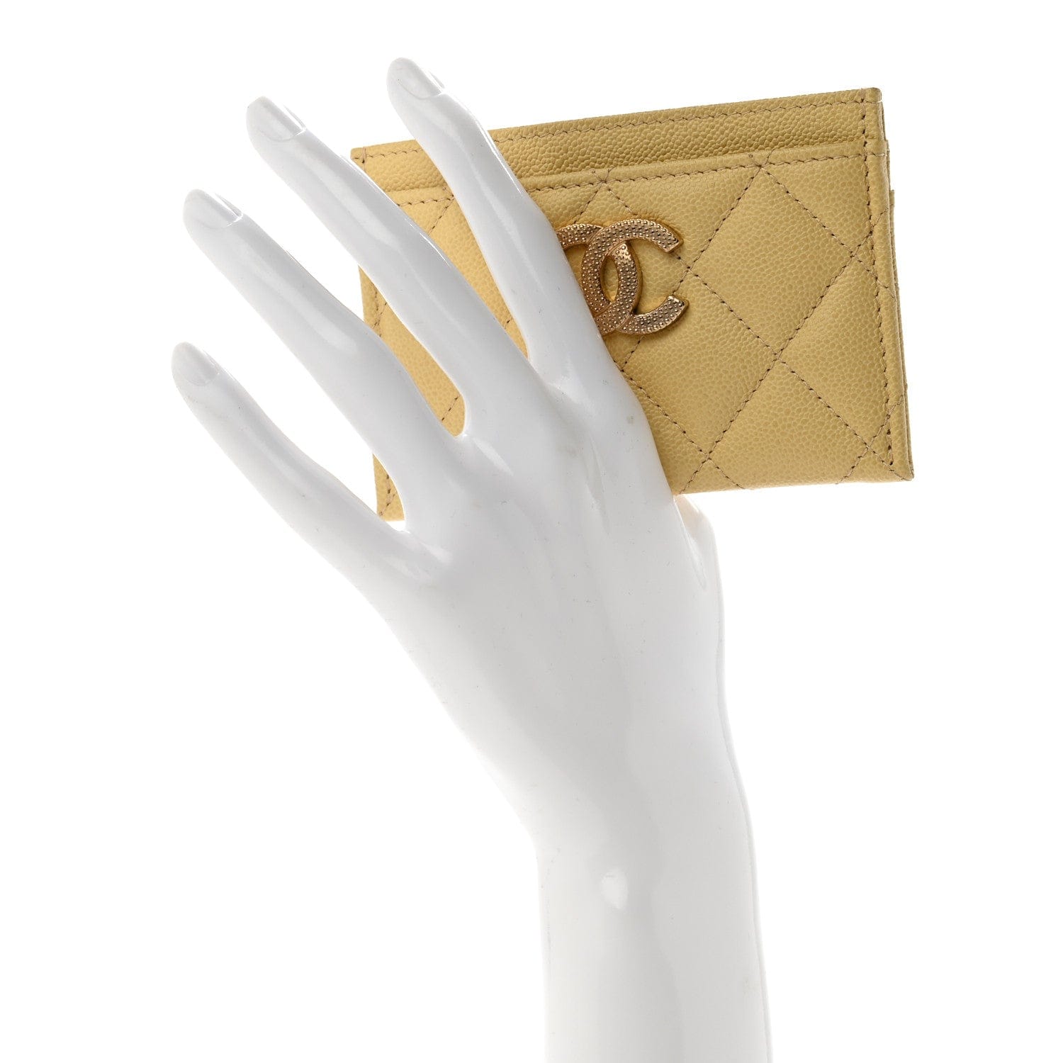 Chanel Caviar Quilted Studded CC Card Holder Yellow