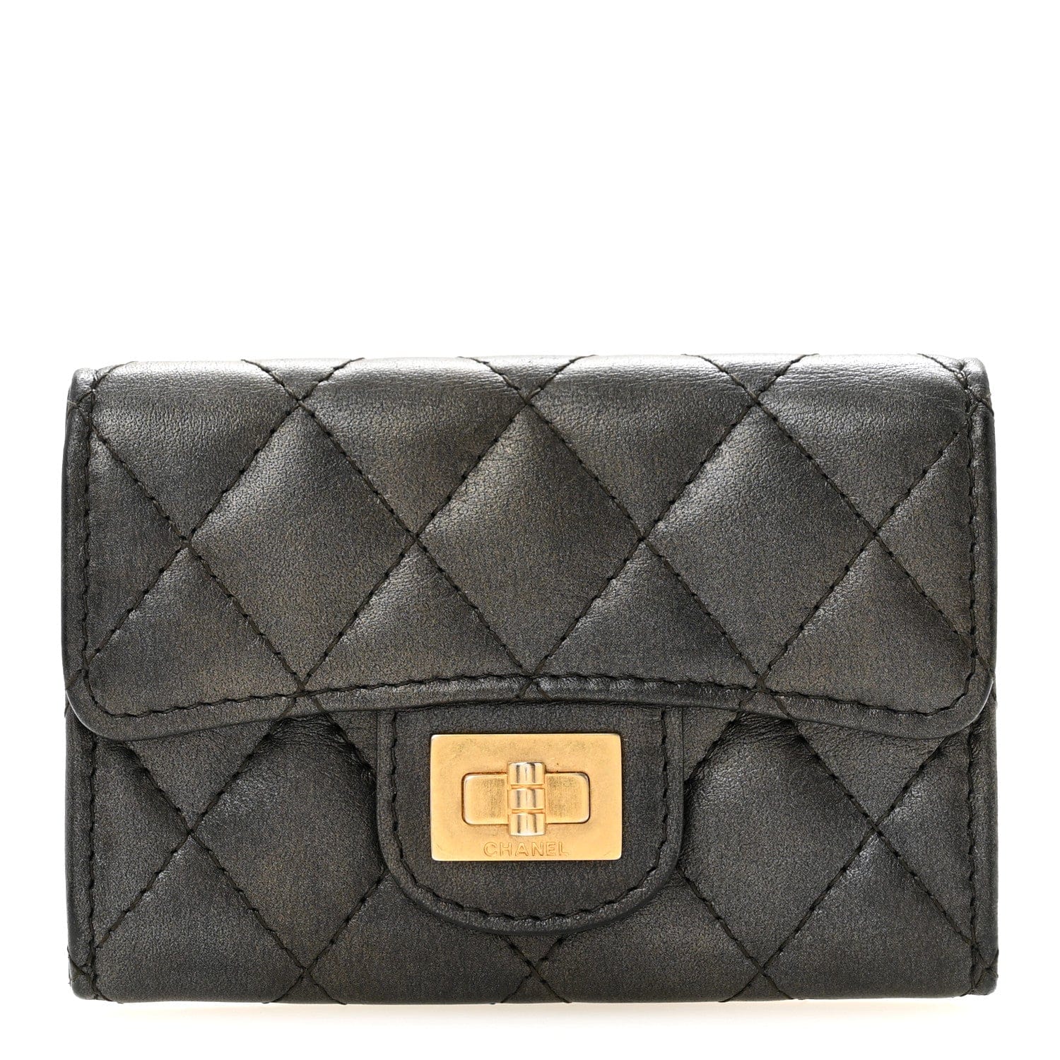 Chanel Metallic Calfskin Quilted Reissue Card Holder Wallet Charcoal