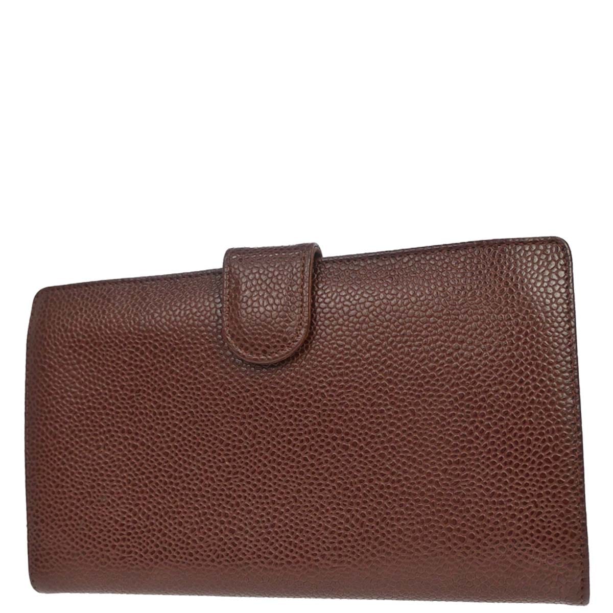 Chanel 1997 - 1999 Brown Caviar Skin Long Bifold Wallet Purse