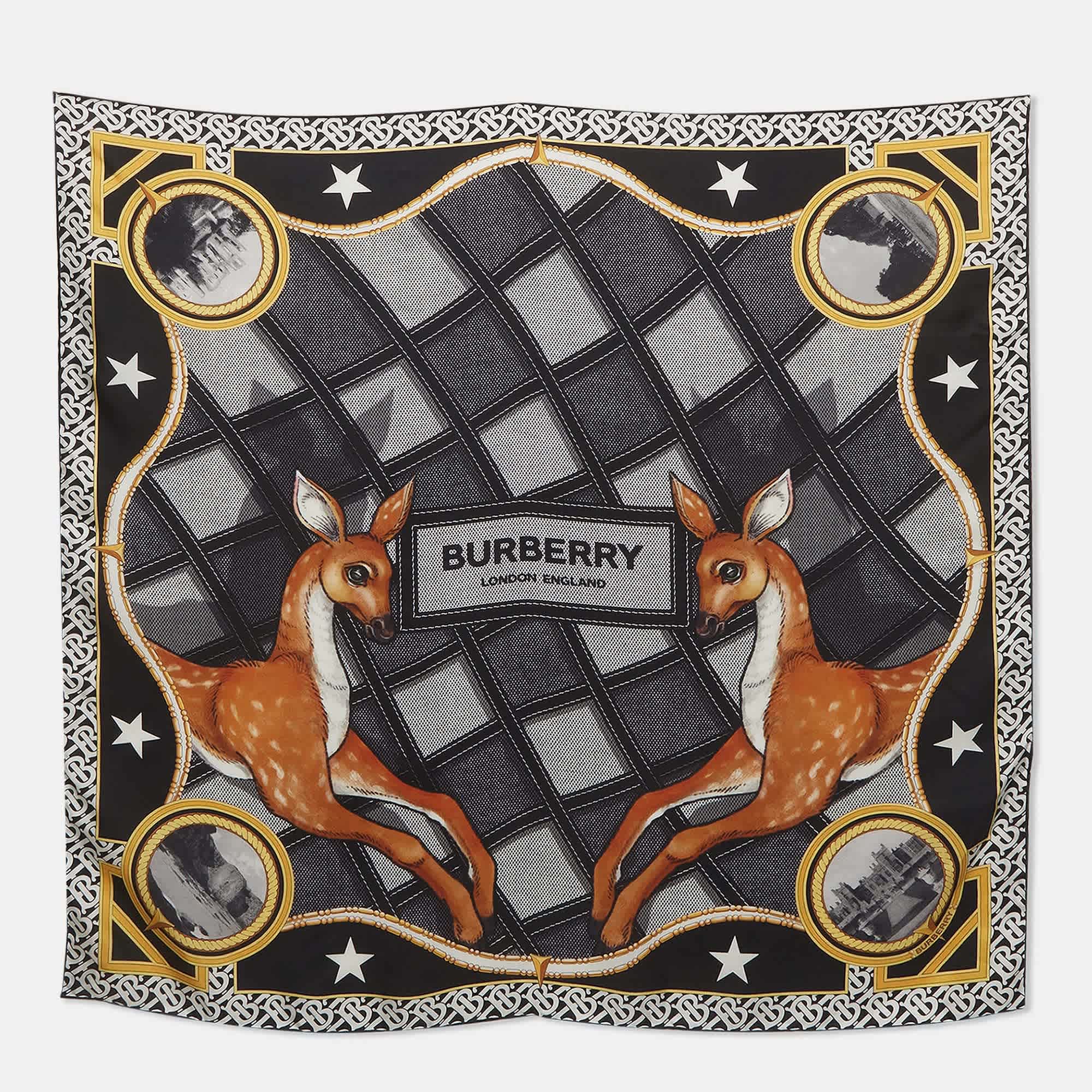 Burberry Black/yellow Monogram And Deer Print Silk Square Scarf