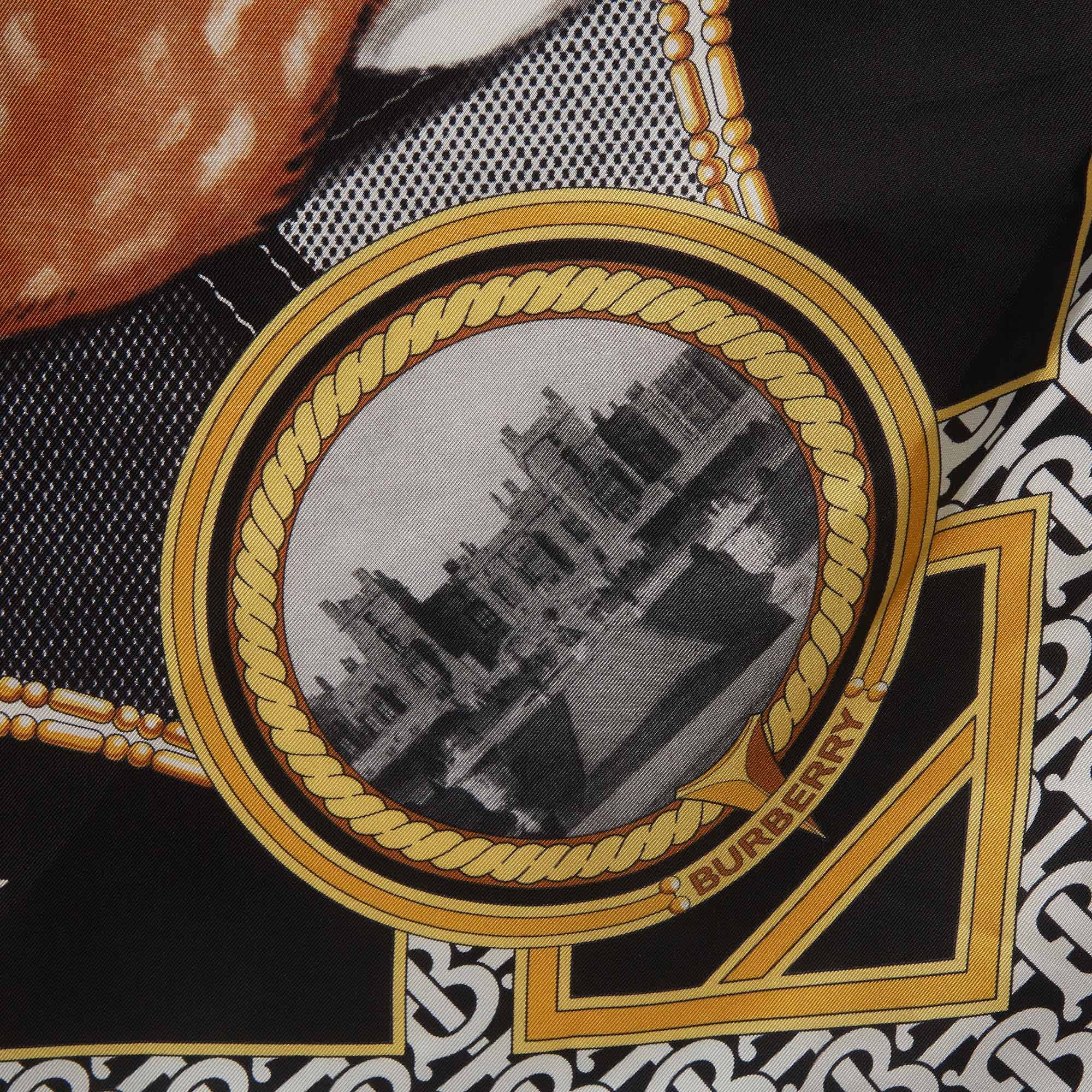 Burberry Black/yellow Monogram And Deer Print Silk Square Scarf