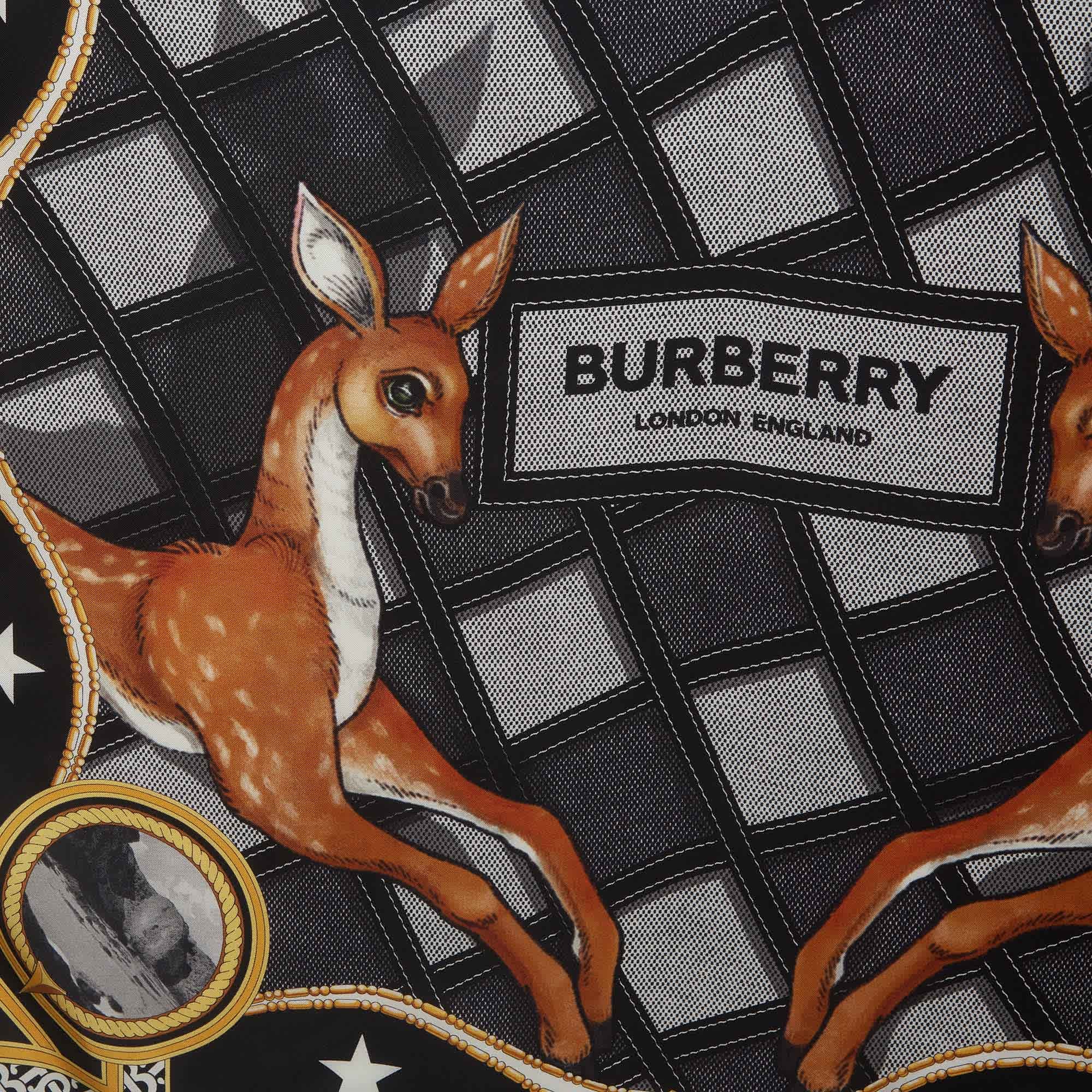 Burberry Black/yellow Monogram And Deer Print Silk Square Scarf