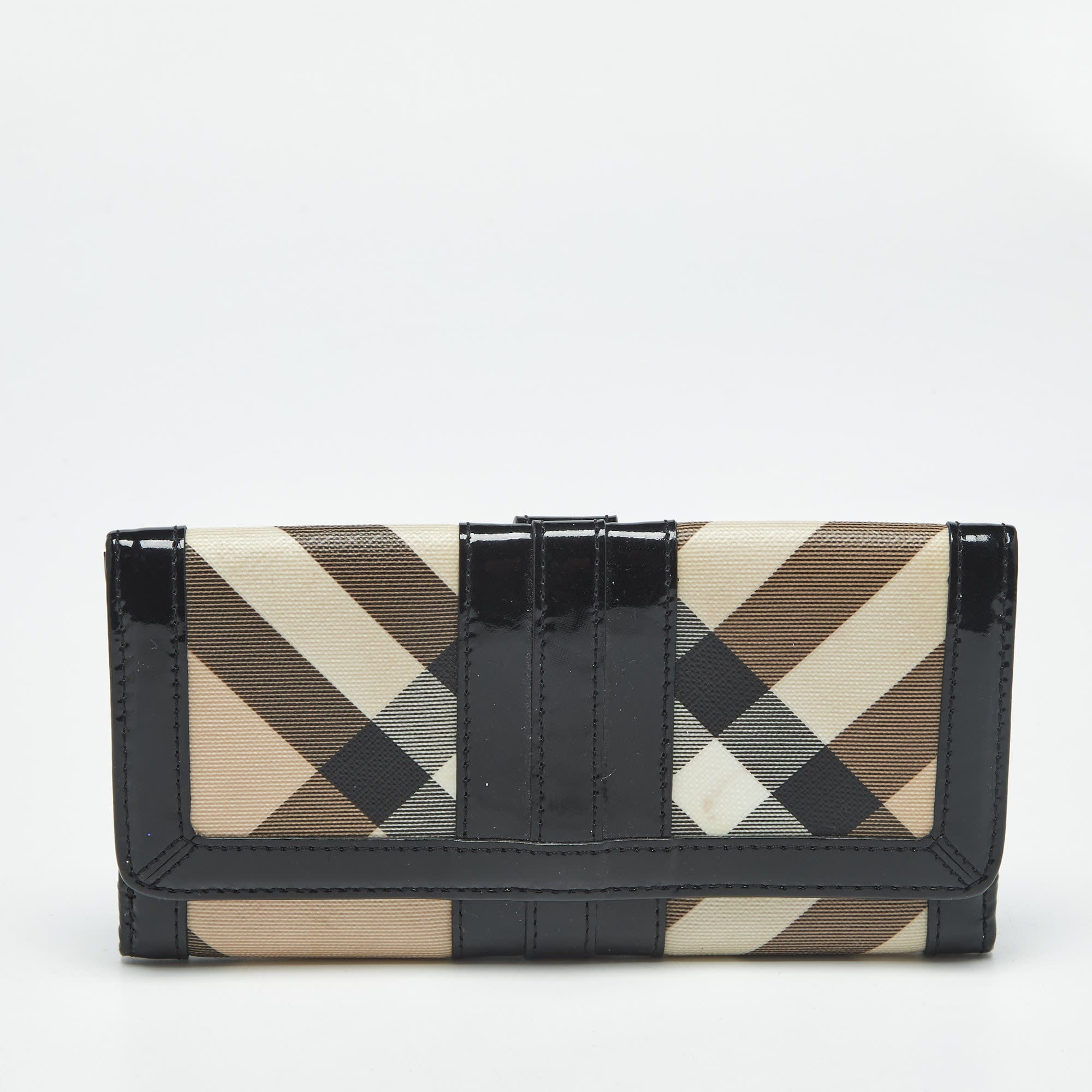 Burberry Black/beige Nova Coated Canvas And Patent Leather Flap Continental Wallet