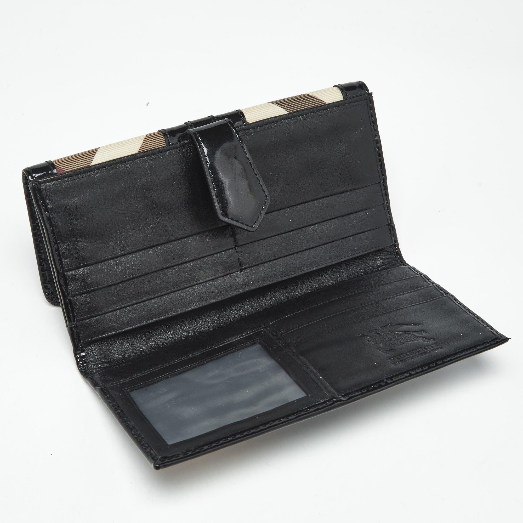 Burberry Black/beige Nova Coated Canvas And Patent Leather Flap Continental Wallet
