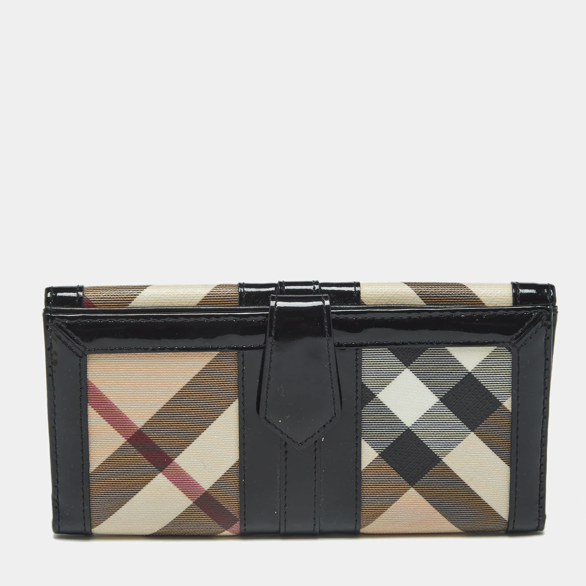 Burberry Black/beige Nova Coated Canvas And Patent Leather Flap Continental Wallet