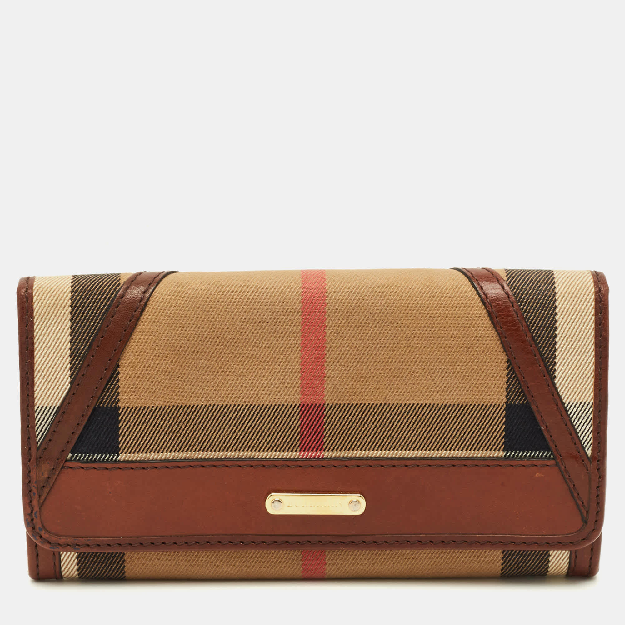 Burberry Leighton Brown/beige House Check Canvas And Leather Continental Wallet