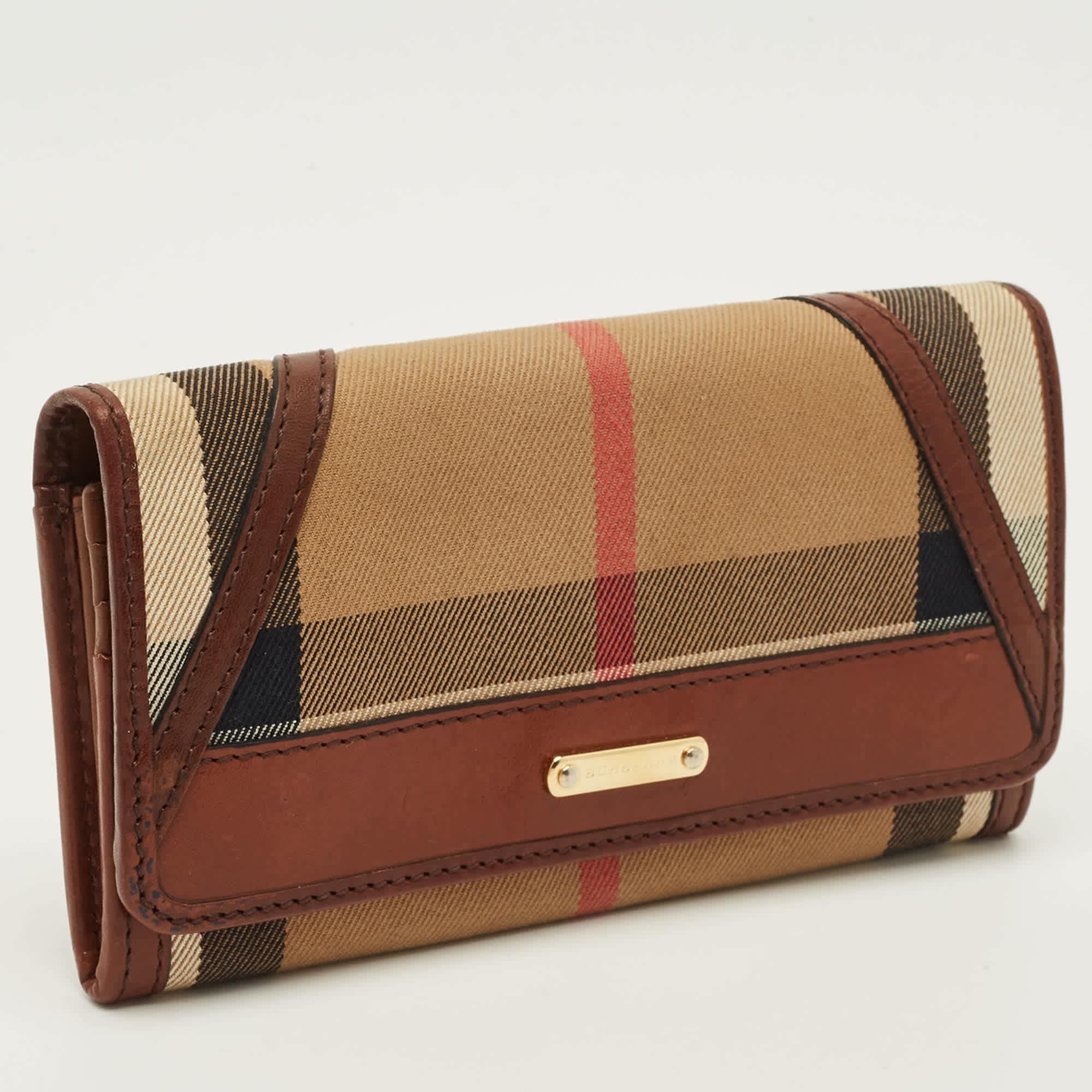 Burberry Leighton Brown/beige House Check Canvas And Leather Continental Wallet