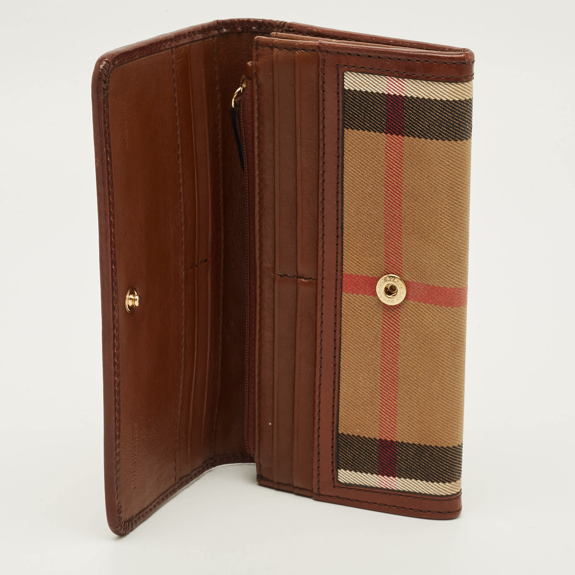 Burberry Leighton Brown/beige House Check Canvas And Leather Continental Wallet